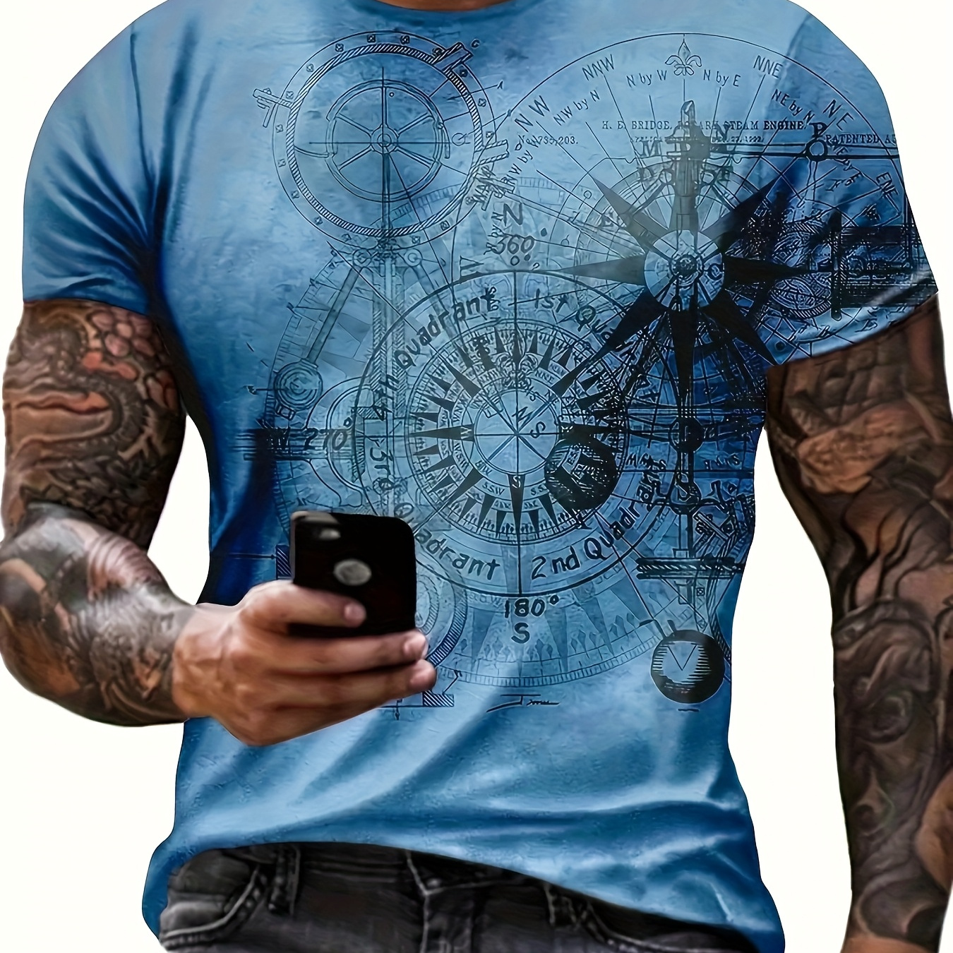 

Men' Compass Graphic T-shirt - 3d Printed Nautical Design, Crew Neck, Short Sleeve, Polyester , Machine Washable, Cruise T Shirts