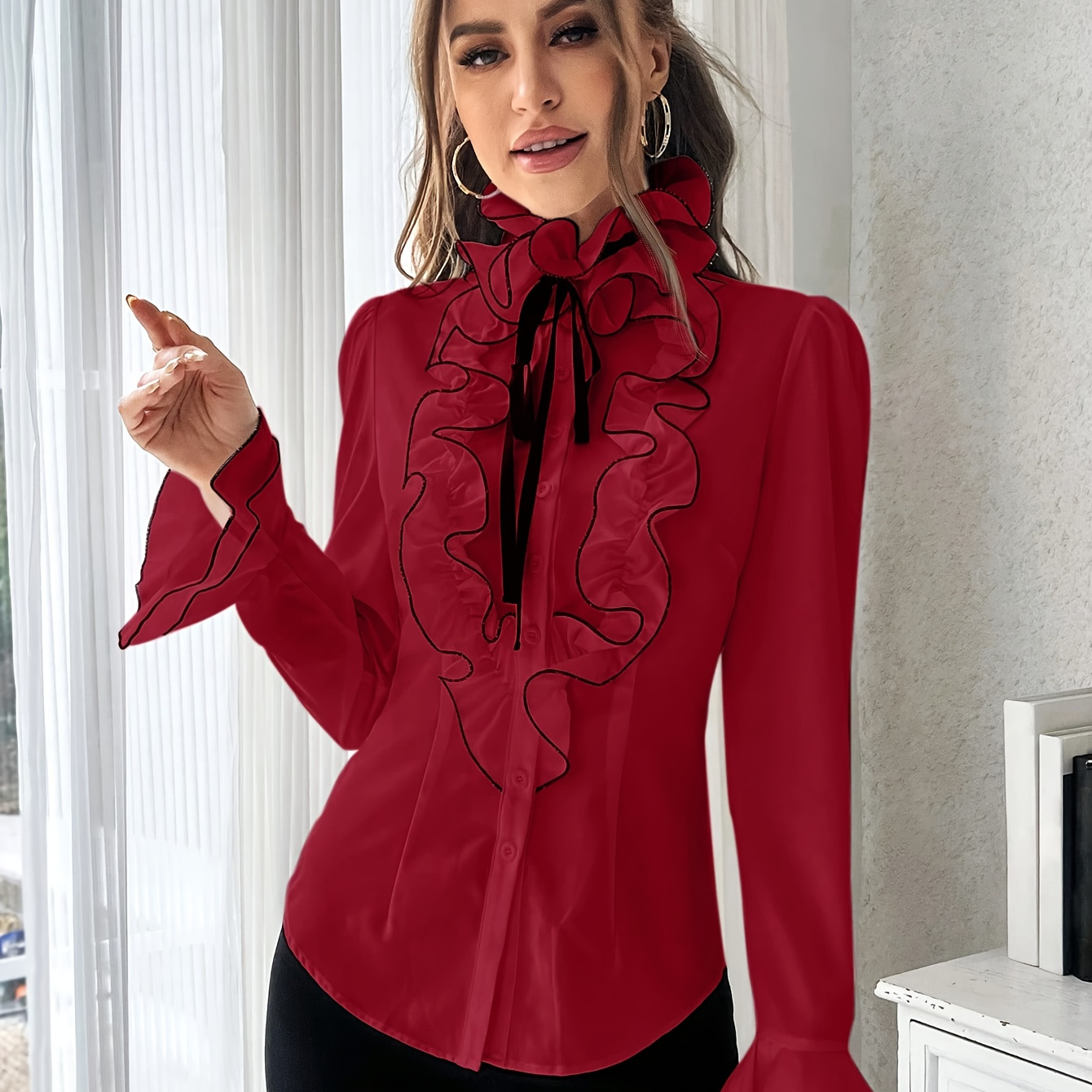 

Elegant Red Ruffle Trim Blouse With Contrasting Lace-up Sleeves, Polyester, Machine Washable - Women' Top