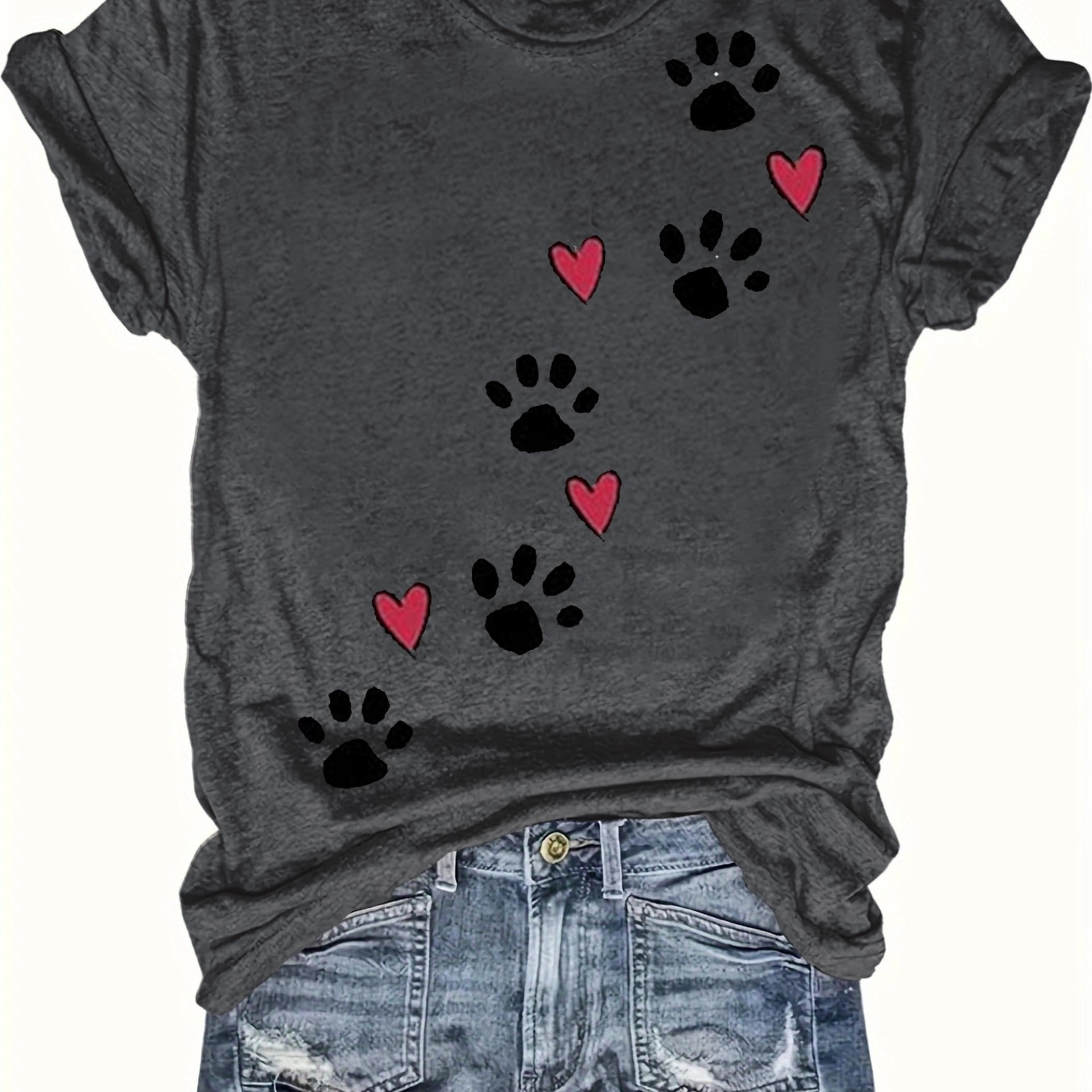 

Hearts & Paws Print Crew Neck T-shirt, Casual Short Sleeve T-shirt For Spring & Summer, Women's Clothing