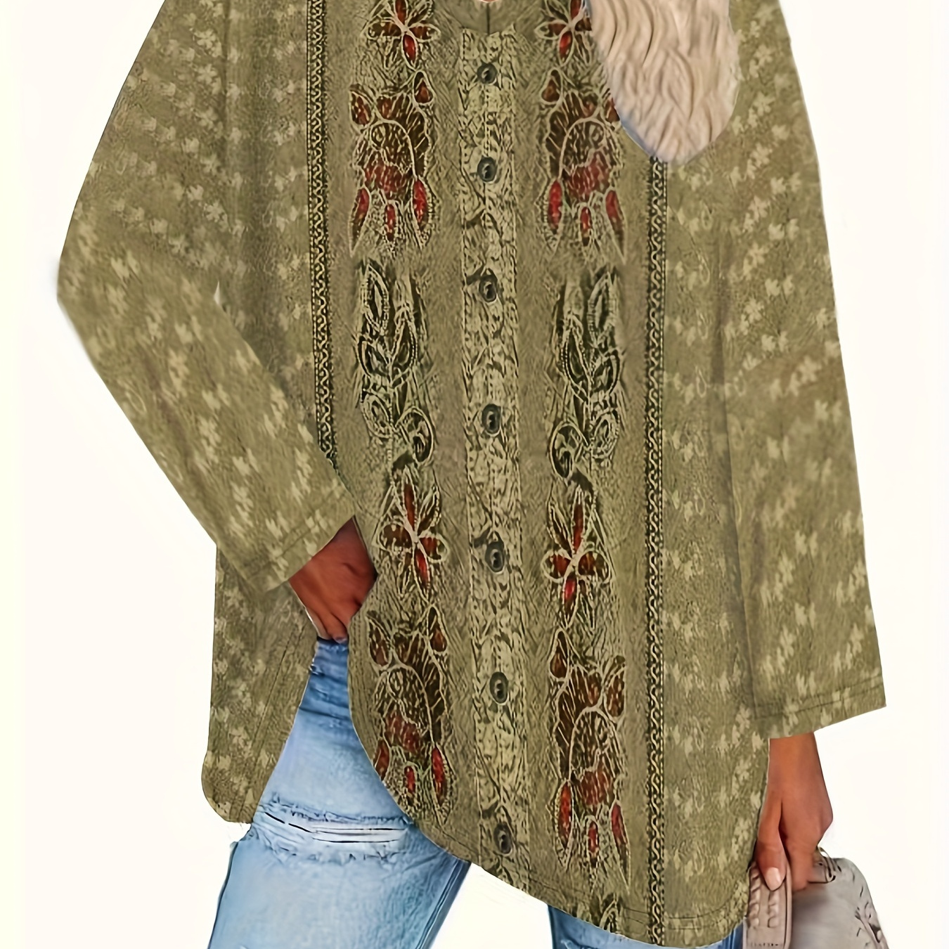 

Plus Size Plant Print T-shirt, Casual V Neck Long Sleeve Top For Spring & Fall, Women's Plus Size Clothing