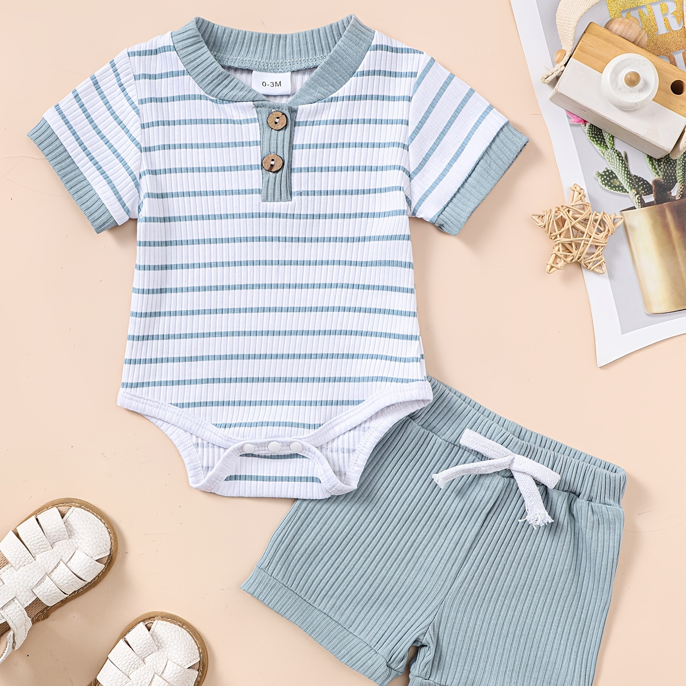 

2pcs Baby Boys Striped Summer Set, Short Sleeve Triangle Bodysuit & Casual Shorts, Baby Boy's Clothes