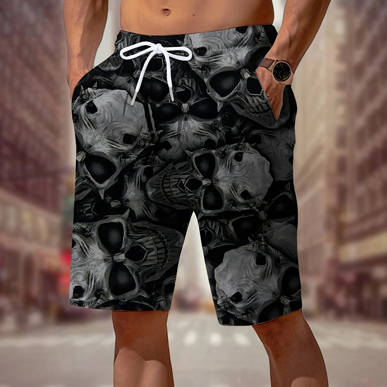 

Men's Allover Skulls Graphic Shorts With Drawstrings, Halloweent Themed Casual Versatile Shorts For Summer