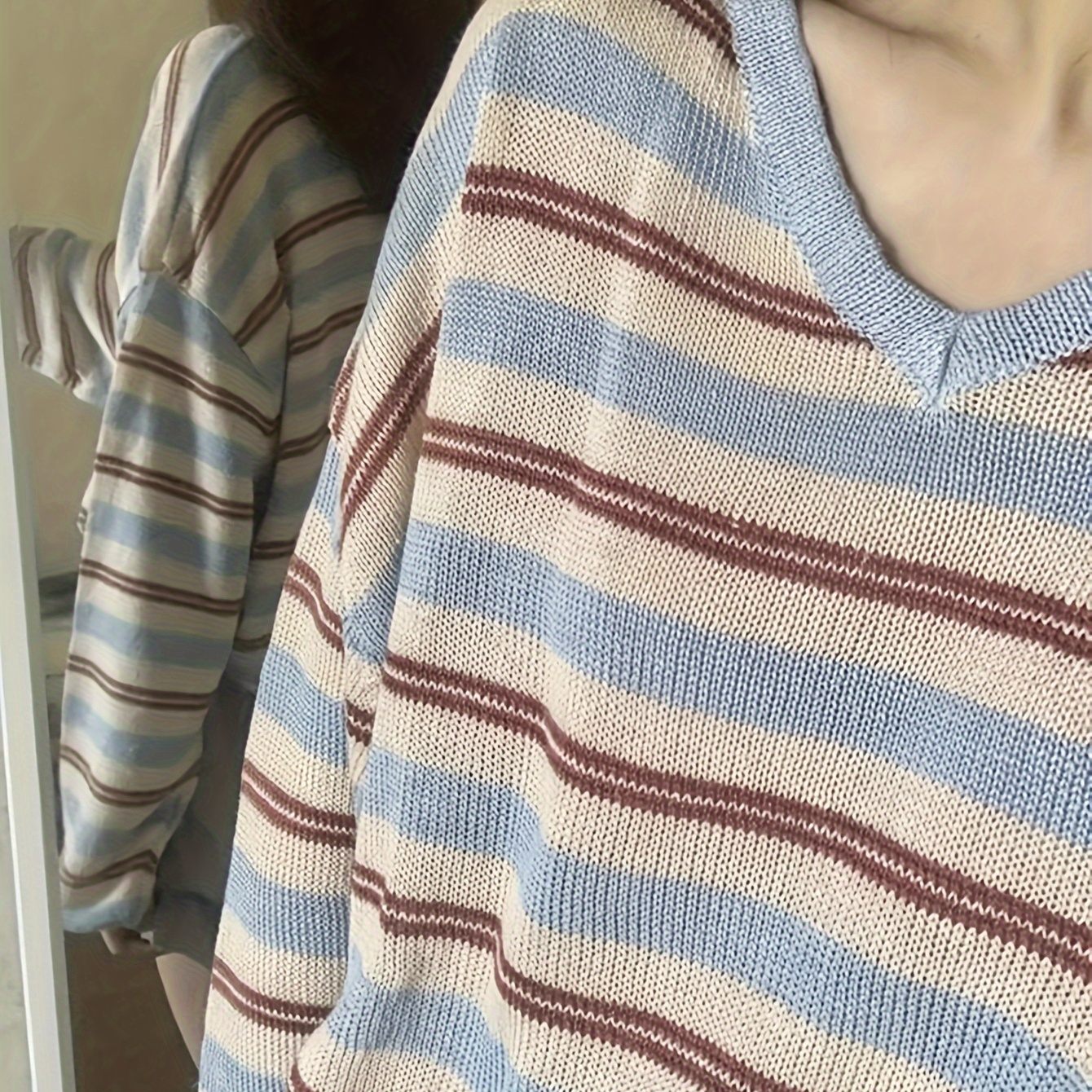 

Striped V Neck Pullover Sweater, Casual Long Sleeve Loose Sweater For Spring & Fall, Women's Clothing
