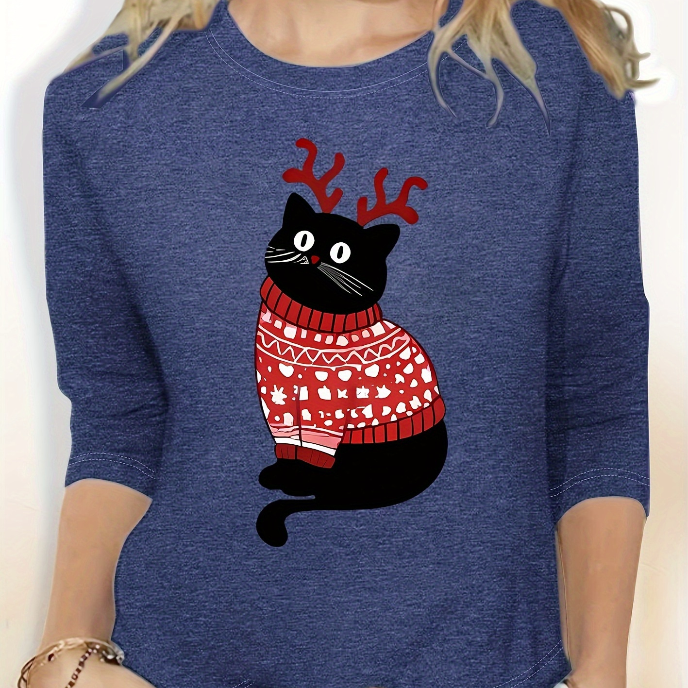 

Chic Vintage-inspired Christmas Cat Graphic Tee - Casual Long Sleeve Crew Neck Top For Women, Machine Washable, Style, Spring/summer/autumn