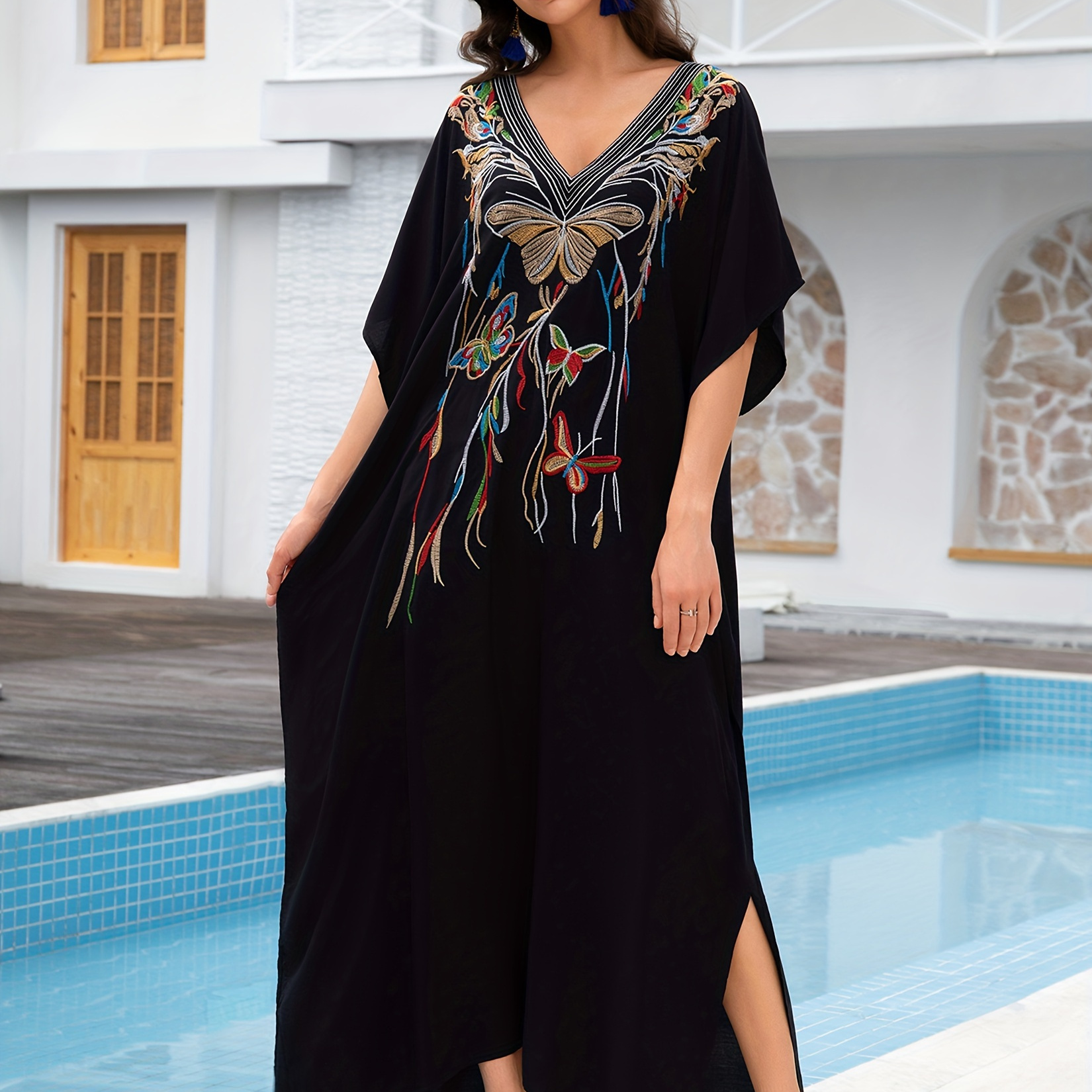 

Plus Size Embroidered Kaftan Dress, Casual V Neck Batwing Sleeve Maxi Slit Dress For , Women's Plus Size clothing