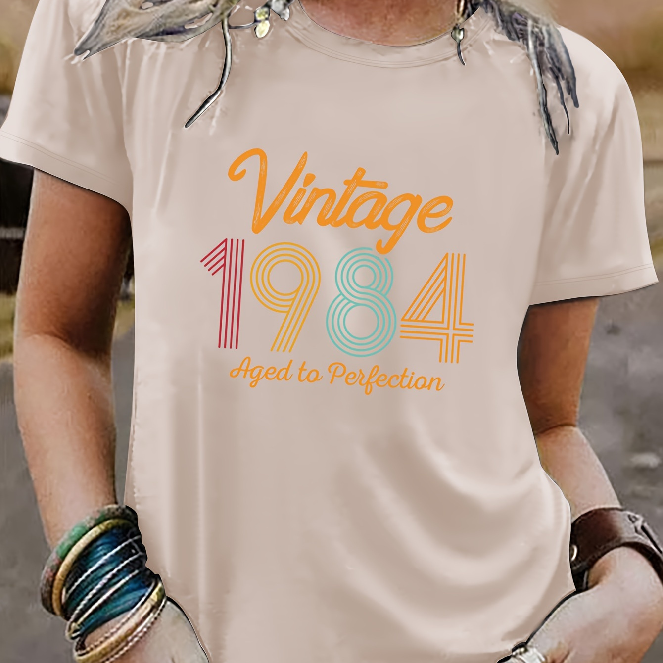 

T-shirt Imprimé Vintage De 1984, Manches Courtes, Col Rond, Haut Décontracté Pour L'été Et Le Printemps, Vêtements Pour Femmes