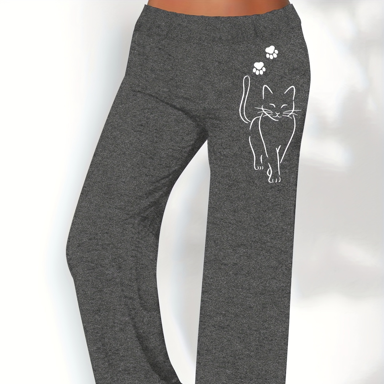 

Cat Print Elastic Waist Pants, Casual Straight Leg Loose Pants, Women's Clothing