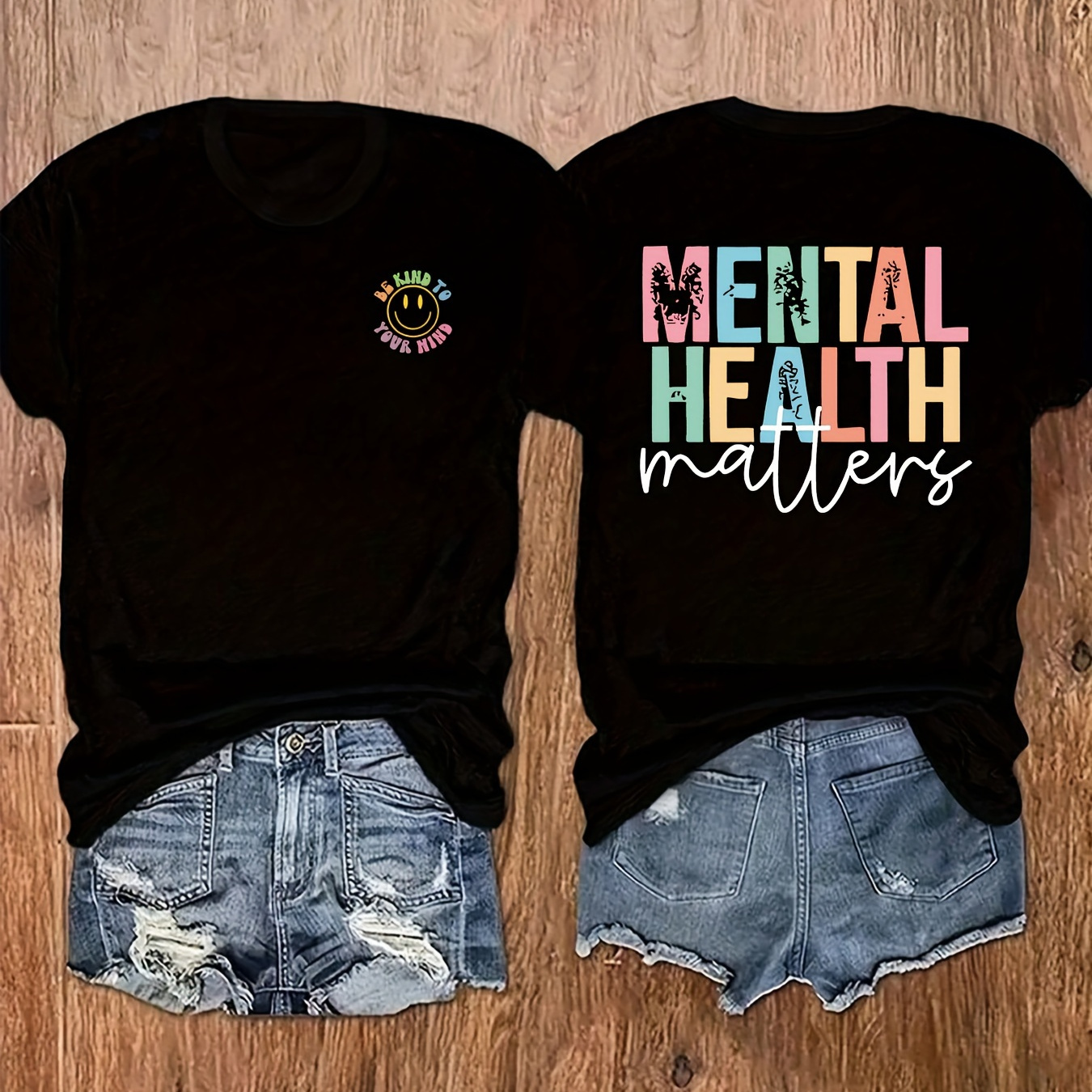 

Mental Health Print T-shirt, Short Sleeve Crew Neck Casual Top For Summer & Spring, Women's Clothing