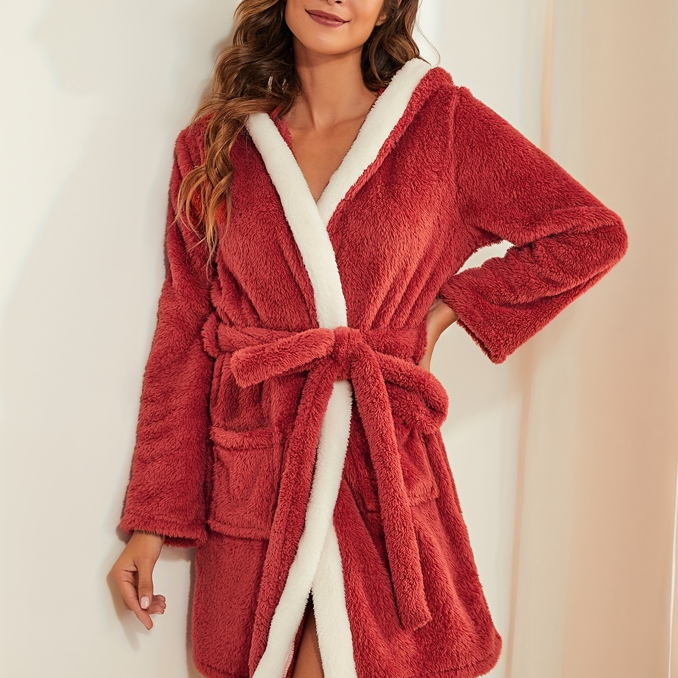 

Colorblock Fuzzy Hooded Robe, Long Sleeve Robe With Belt & Pockets, Women's Sleepwear