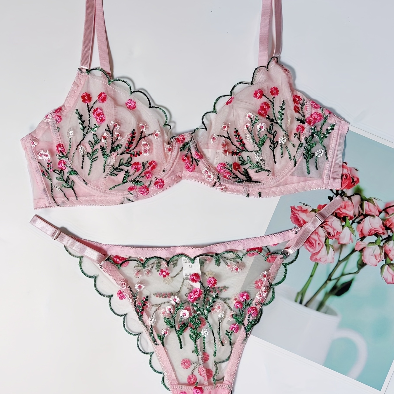 Floral Embroidery Lingerie Set, Scallop Trim Bra & Mesh Thong, Women's Sexy Lingerie & Underwear