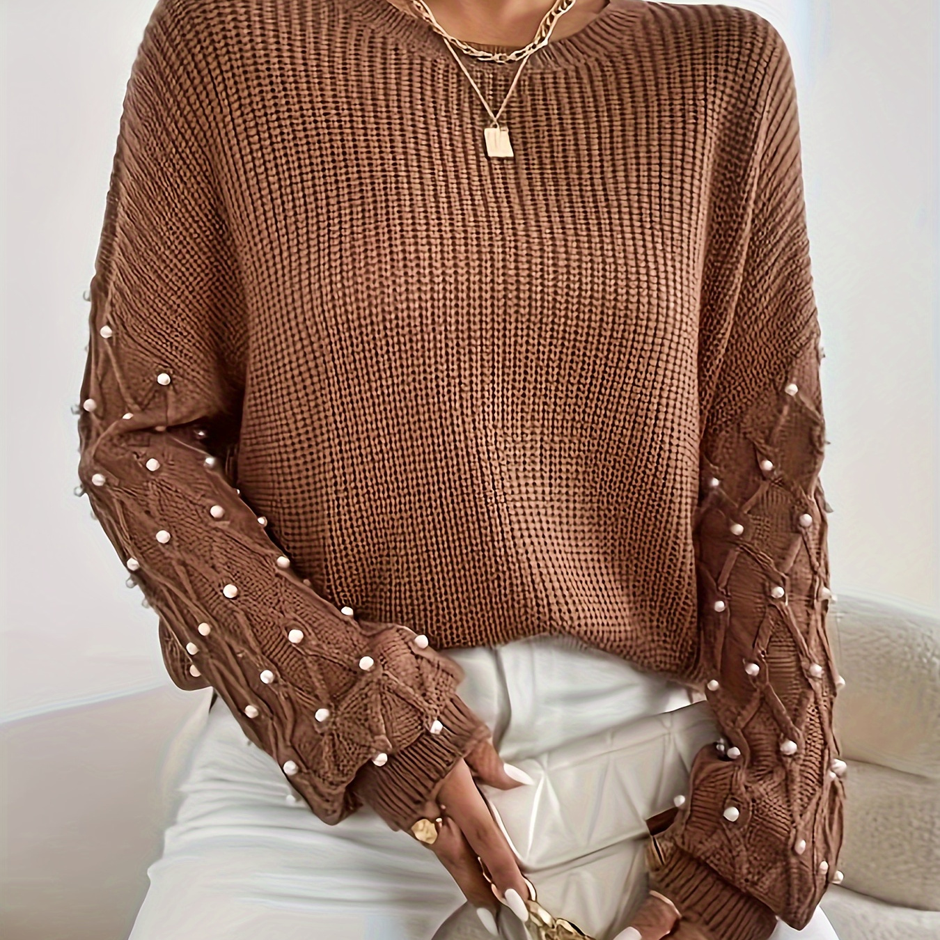 

Beaded Crew Neck Pullover Sweater, Elegant Long Sleeve Loose Sweater, Women's Clothing