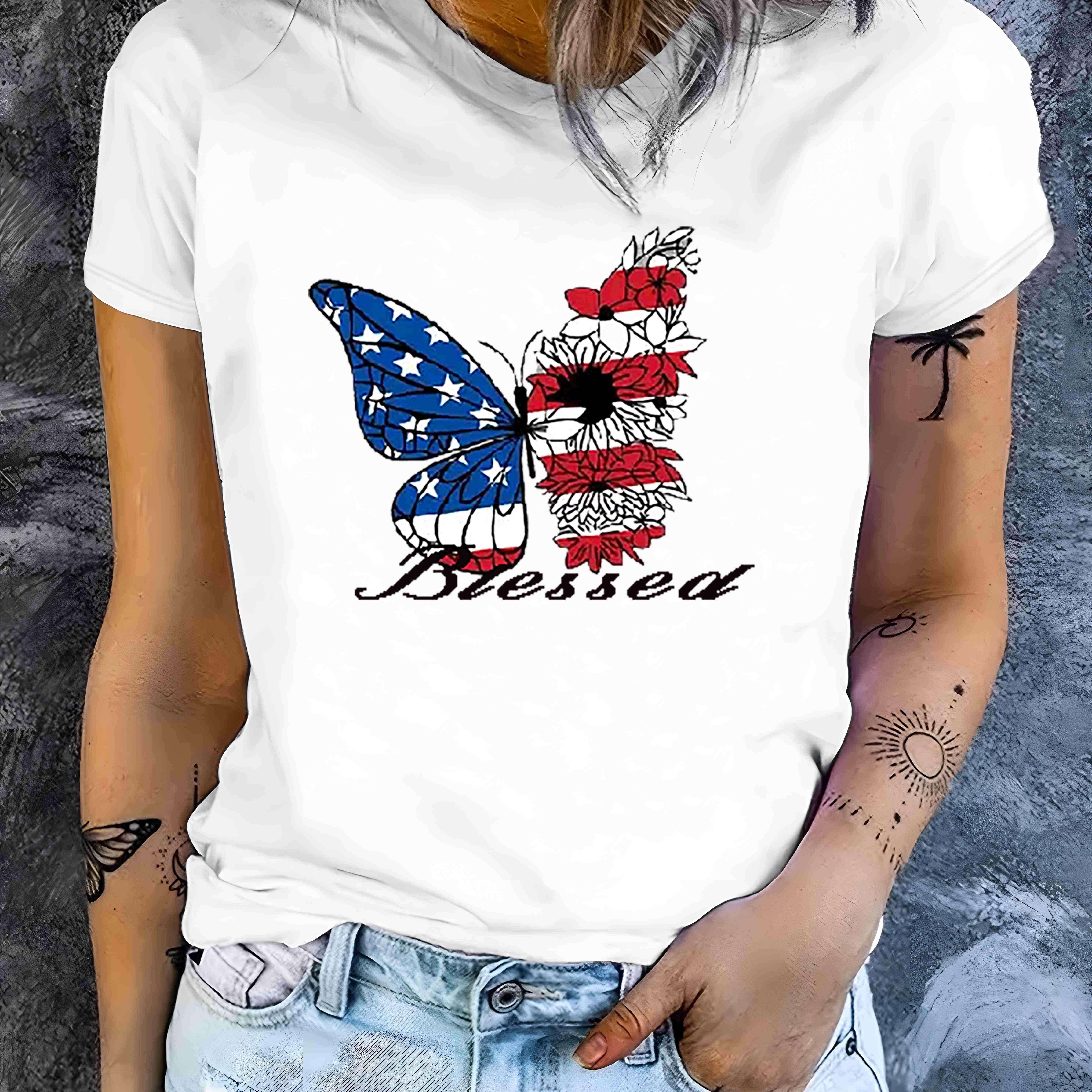 

Butterfly Print Crew Neck T-shirt, Casual Short Sleeve T-shirt, Women's Clothing