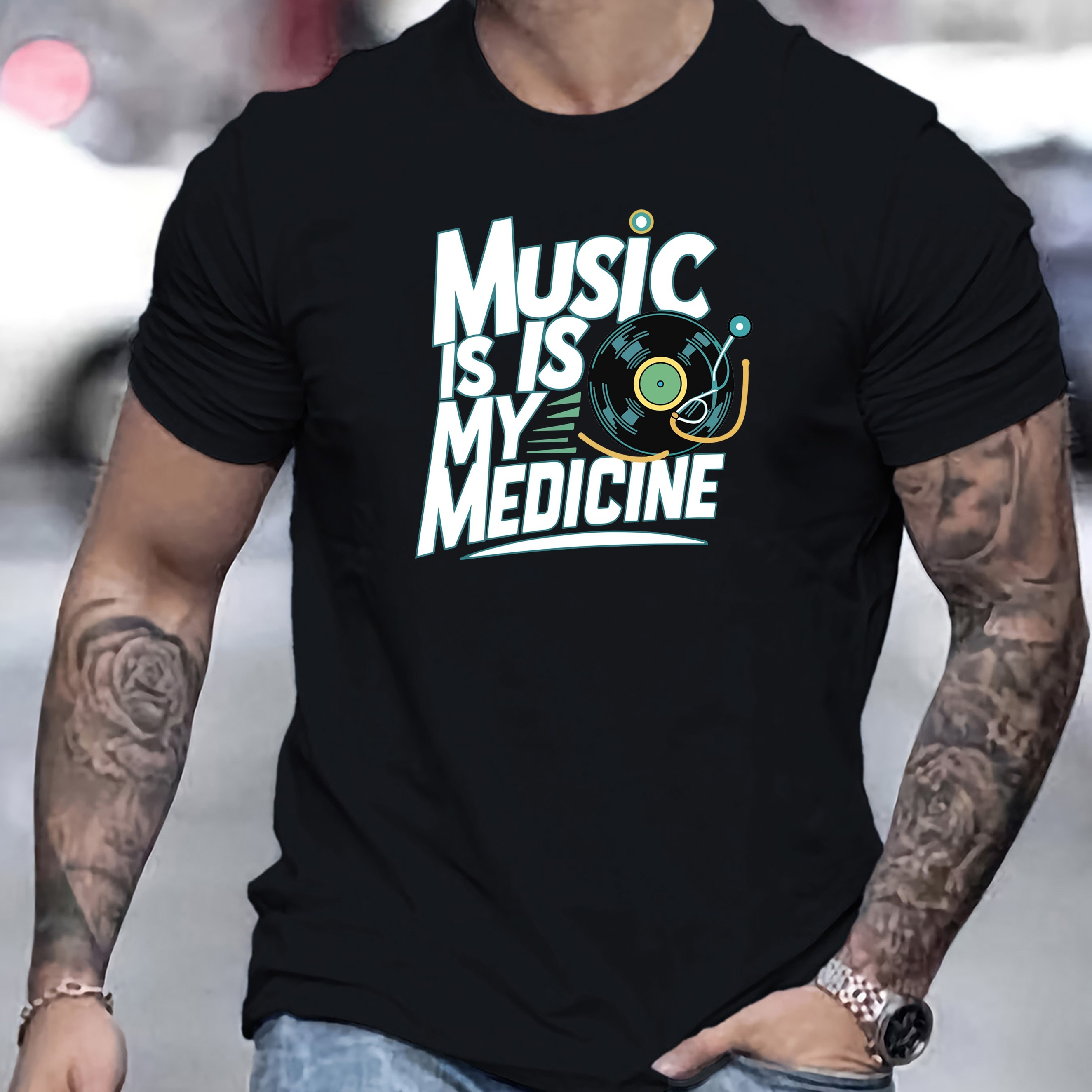 

Men's Casual Novelty T-shirt, " Music Is My Medicine " Creative Print Short Sleeve Summer Top, Comfort Fit, Stylish Crew Neck Tee For Daily Wear