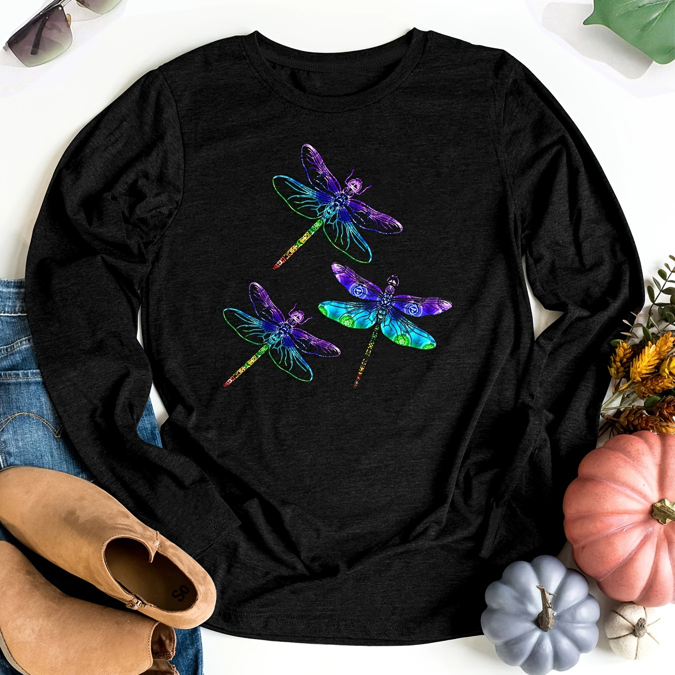 

Plus Size Dragonfly Print T-shirt, Casual Long Sleeve Crew Neck T-shirt For Fall & Winter, Women's Plus Size Clothing