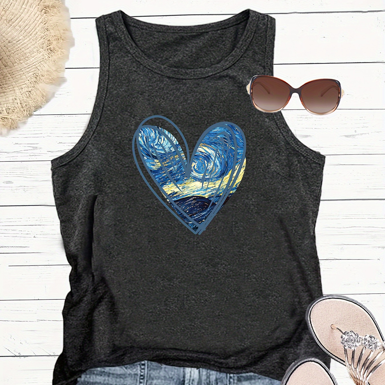 

Starry Night & Heart Print Crew Neck Tank Top, Casual Sleeveless Tank Top For Summer, Women's Clothing