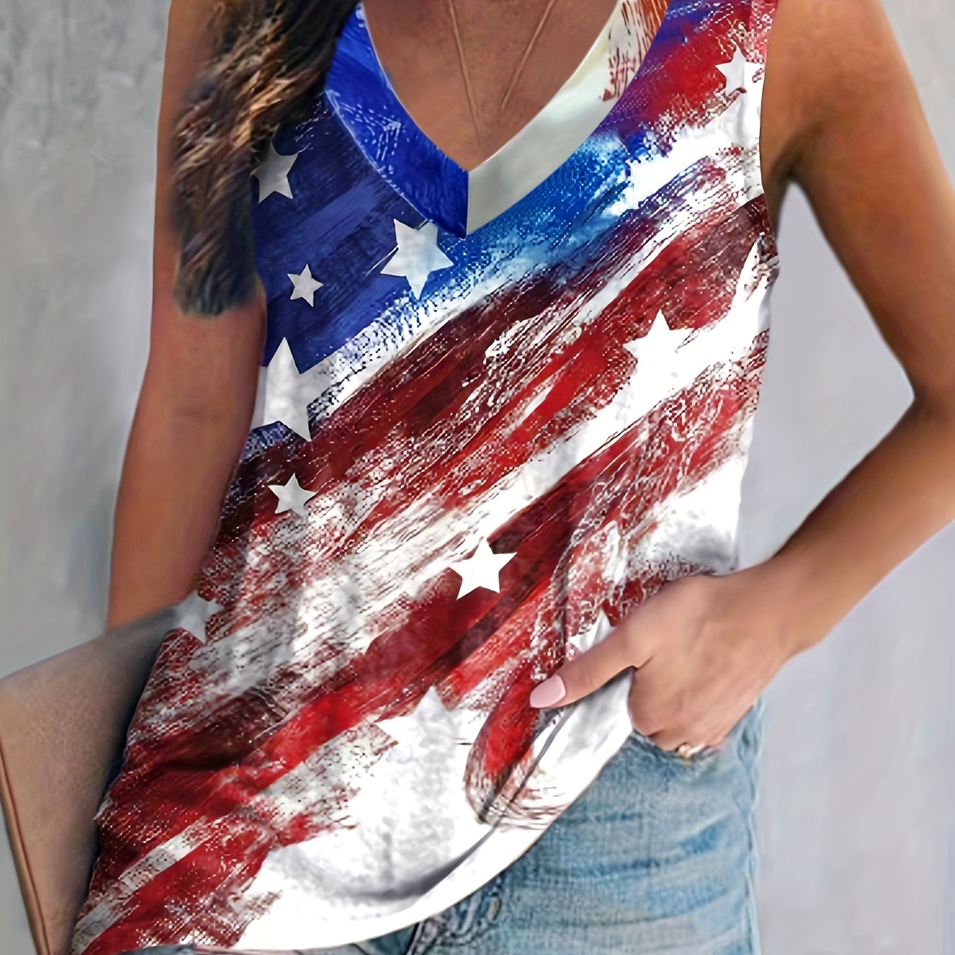 

Plus Size Independence Day Casual Tank Top, Women's Plus Flag Print V Neck Medium Stretch Tank Top