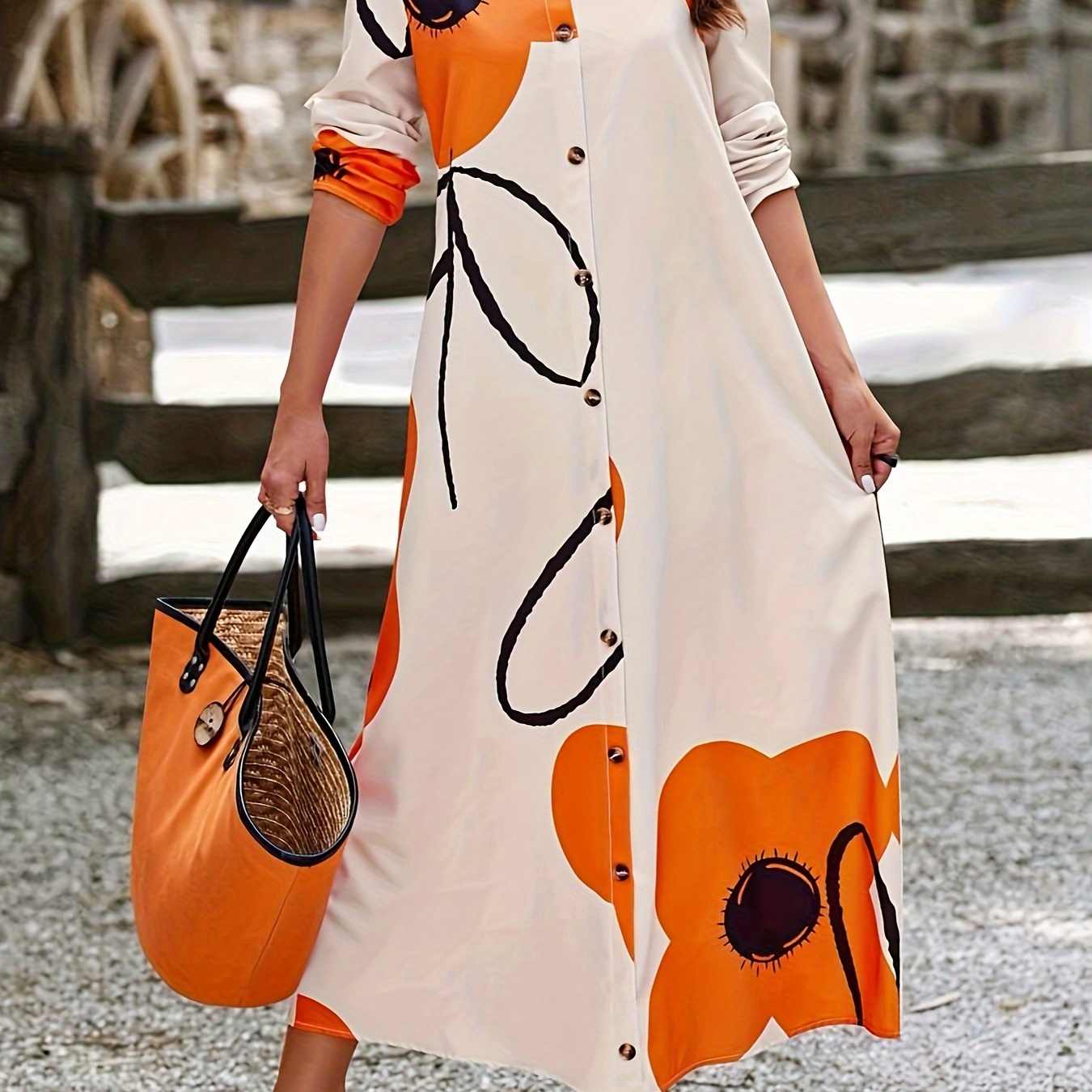 

Floral Print Button Front Dress, Elegant Long Sleeve Loose Fit Maxi Dress, Women's Clothing
