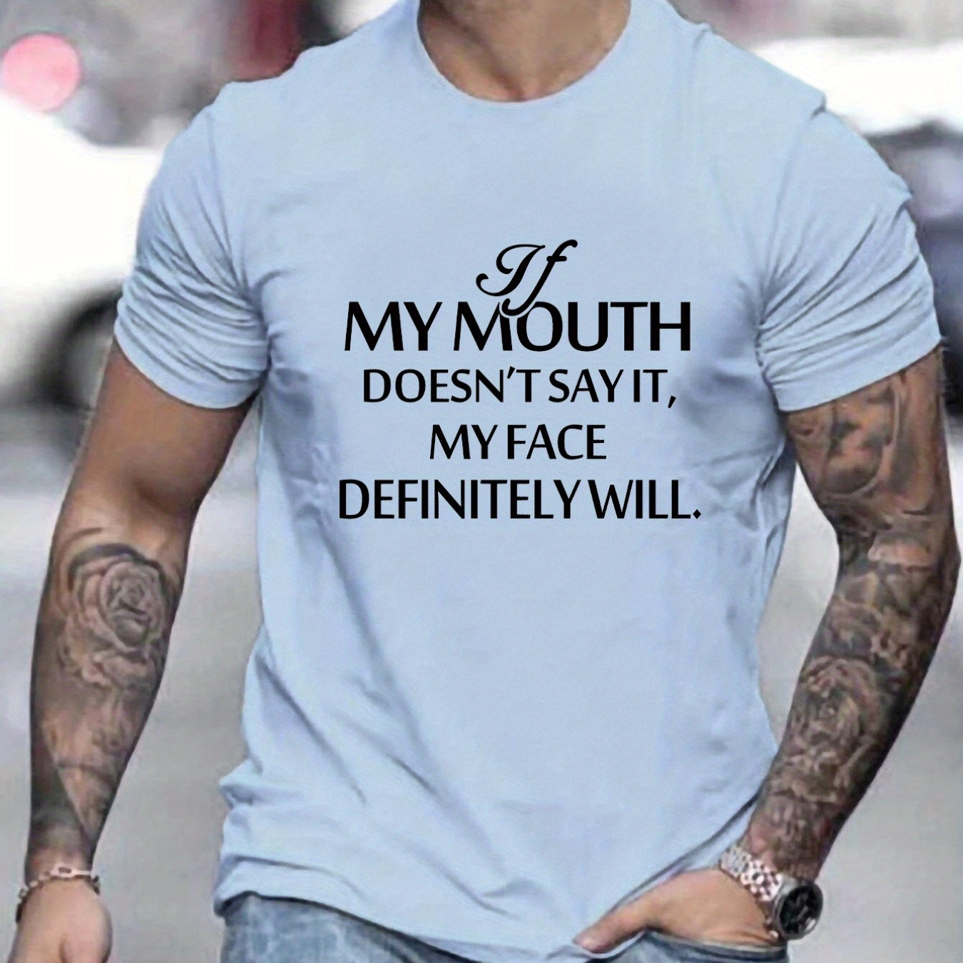 

my Face Will Say" Pattern, Men's Casual Slightly Stretch Crew Neck Graphic Tee, Male Clothes For Summer