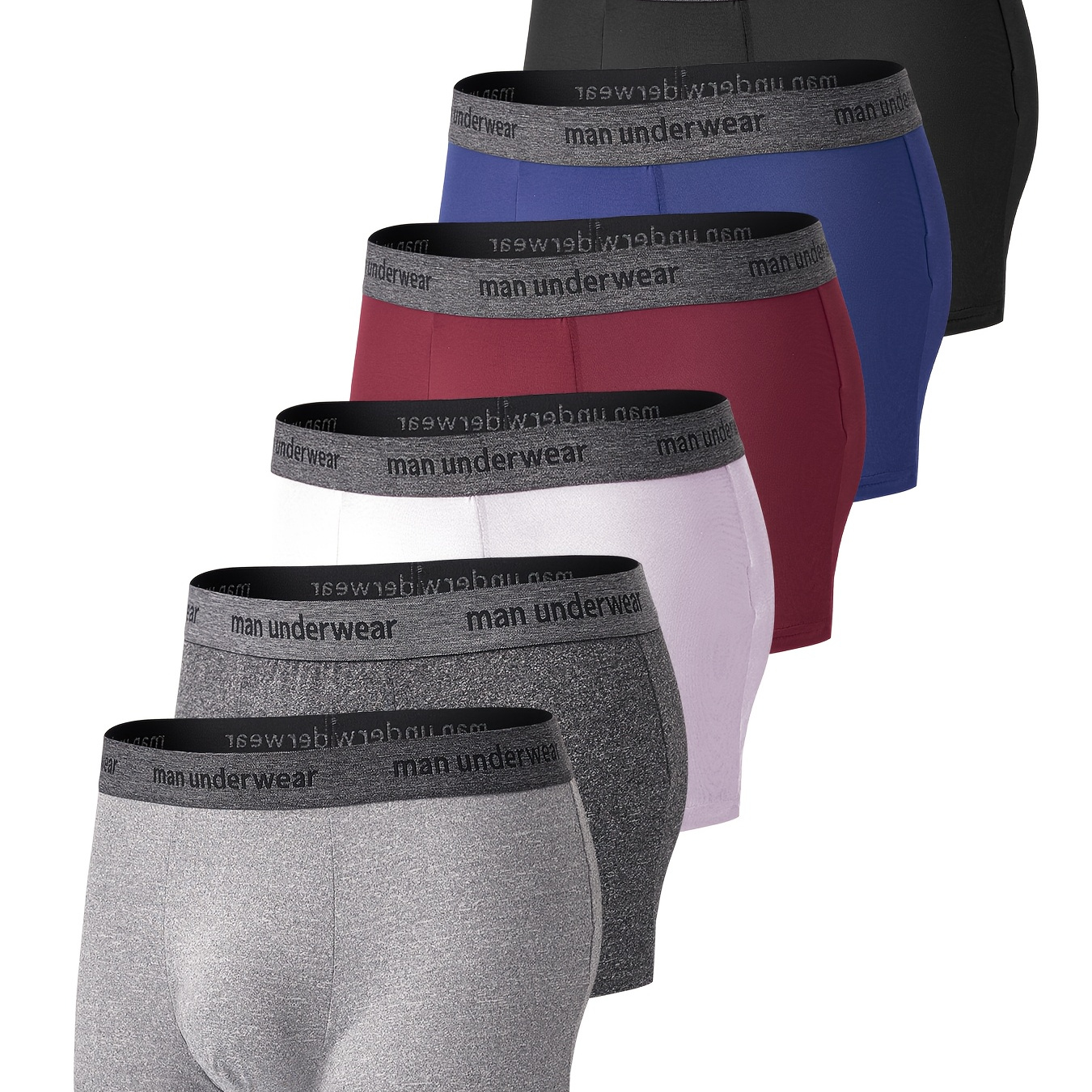 

6-Pack de boxers pour hommes, tissu en polyester extensible de qualité moyenne, sous-vêtements décontractés avec motif alphabétique, ceinture élastique de haute qualité - Assortiment multicolore