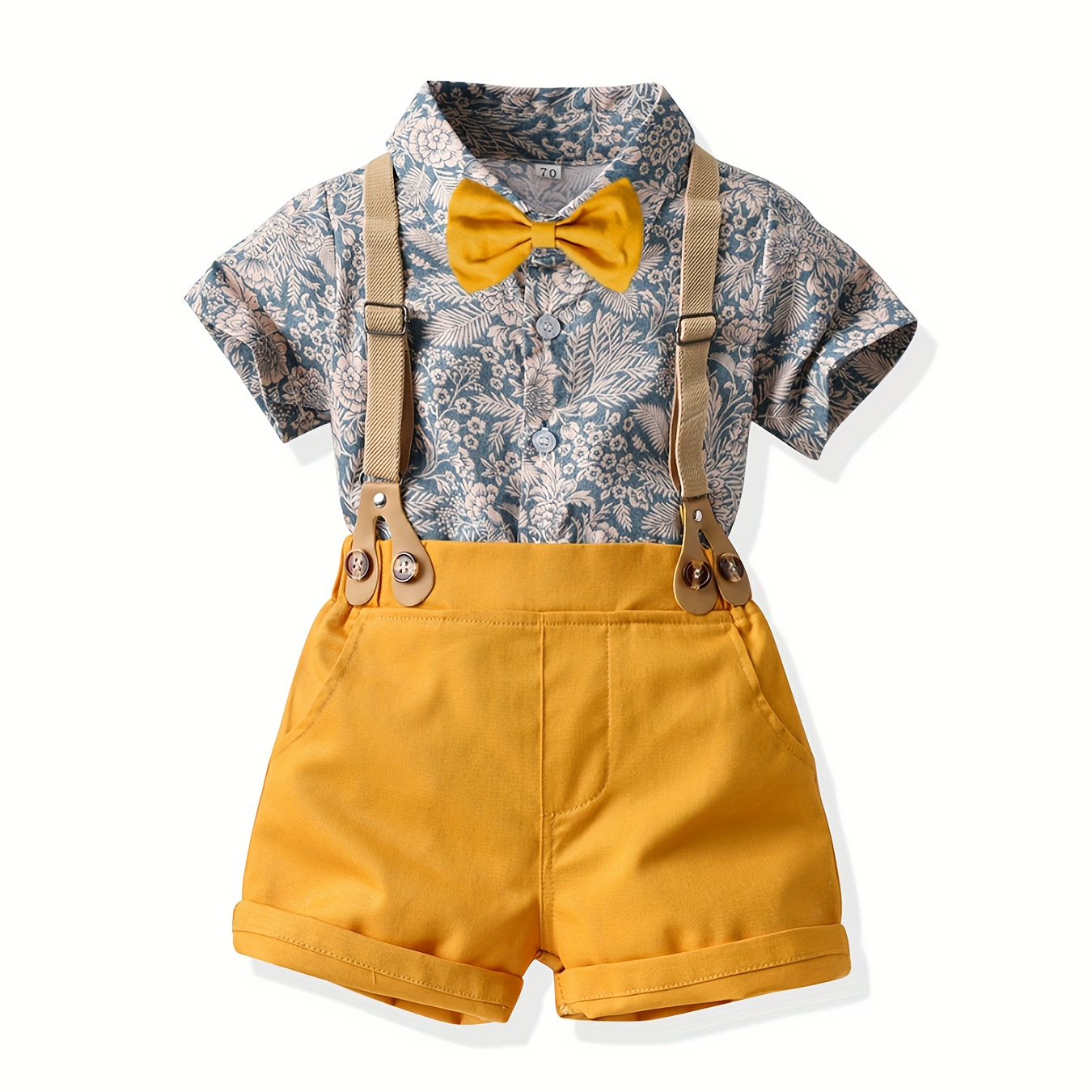 

Baby Boys' 2-piece Cotton Outfit Set, Casual Short Sleeve Printed Shirt With Bowtie And Suspender Shorts, Beach Style Summer Wear