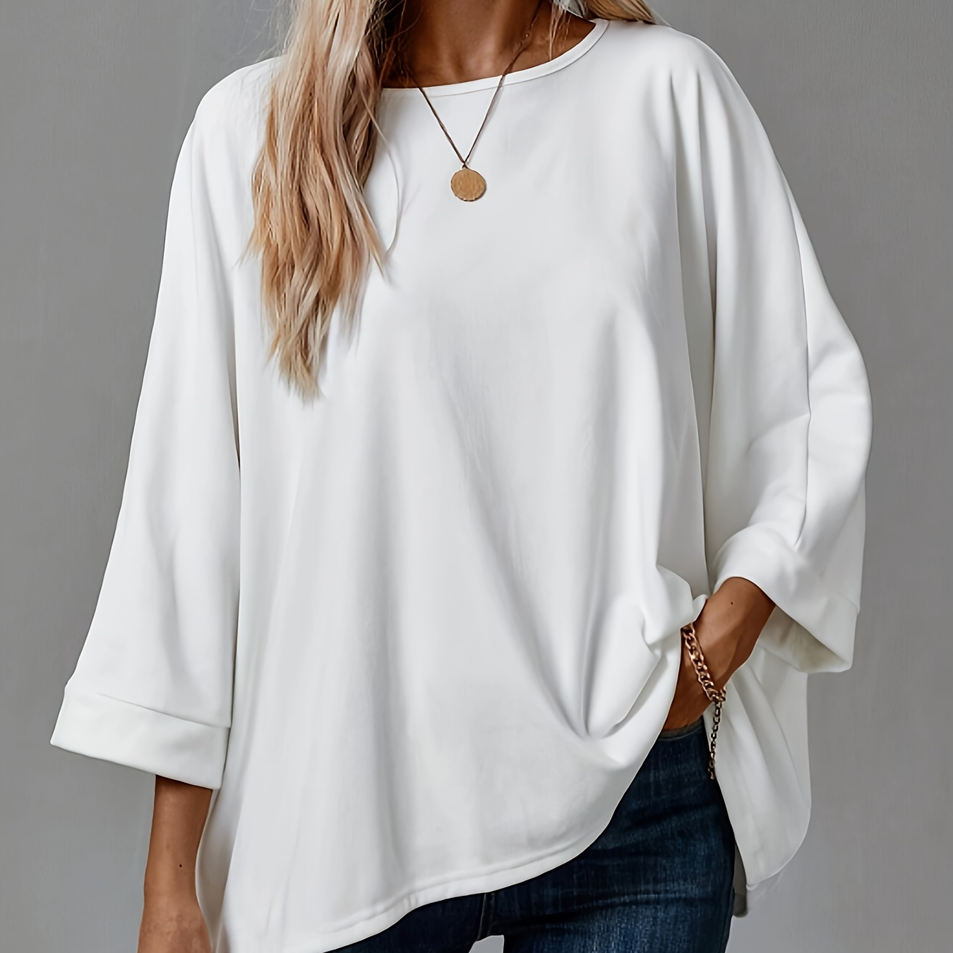 

Solid Color Crew Neck T-shirt, Casual Batwing Sleeve Oversized T-shirt, Women's Clothing