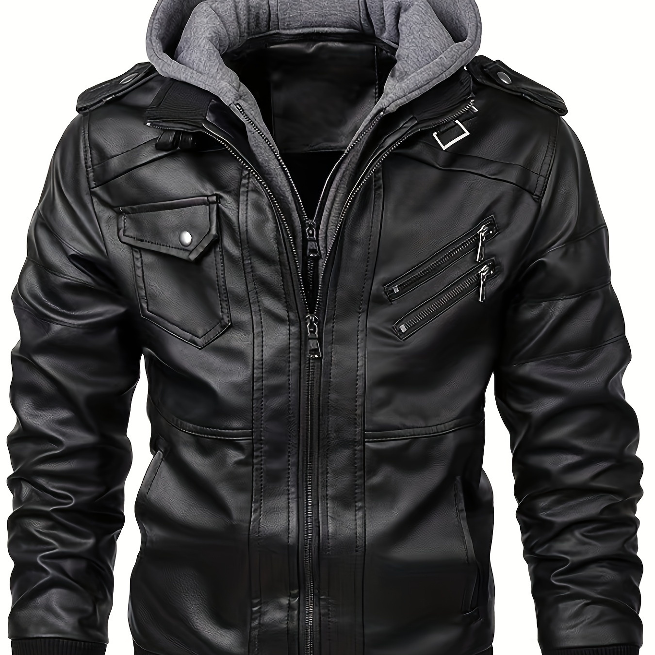 

Men's Casual Hooded Biker Jacket - Chic Black With Gray Hoodie Collar, Long Sleeve Zip-up With Multiple Pockets, Comfortable Polyester Lining, Casual Attire