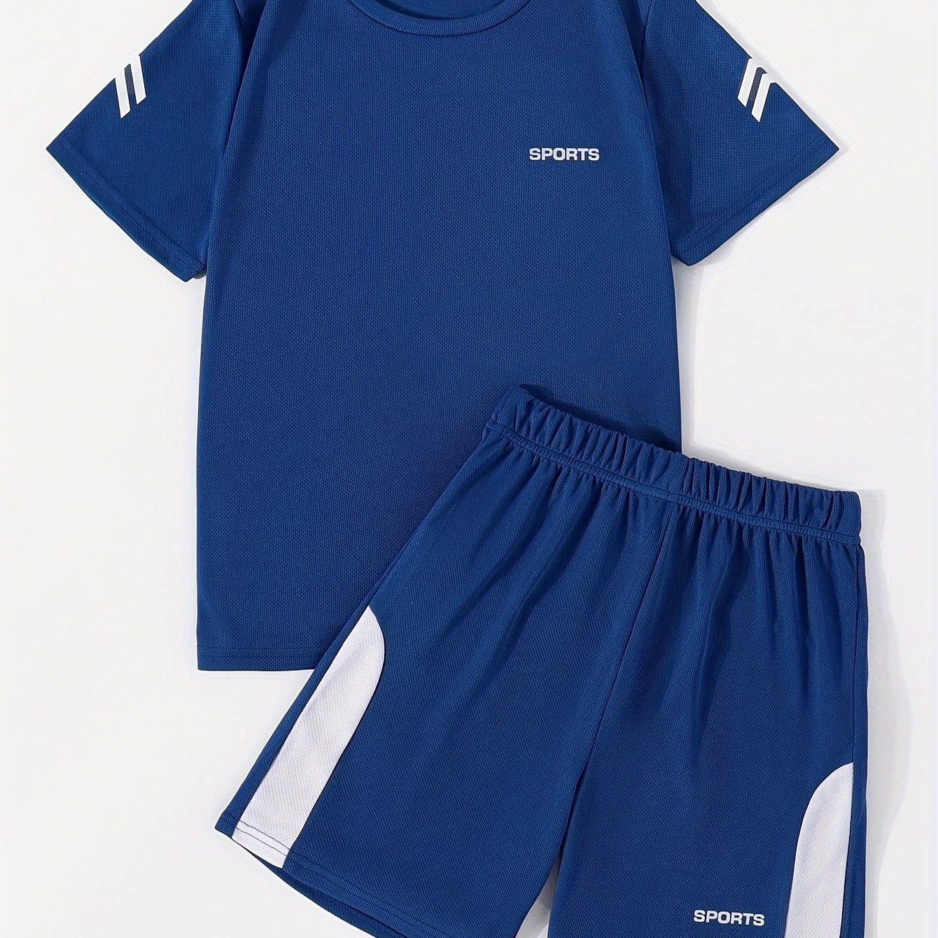 

2pcs Boys Athletic Quick Dry Breathable Blue With White Striped Basketball Soccer Jersey & Shorts Set, Casual Style, Elastic Sportswear For Training
