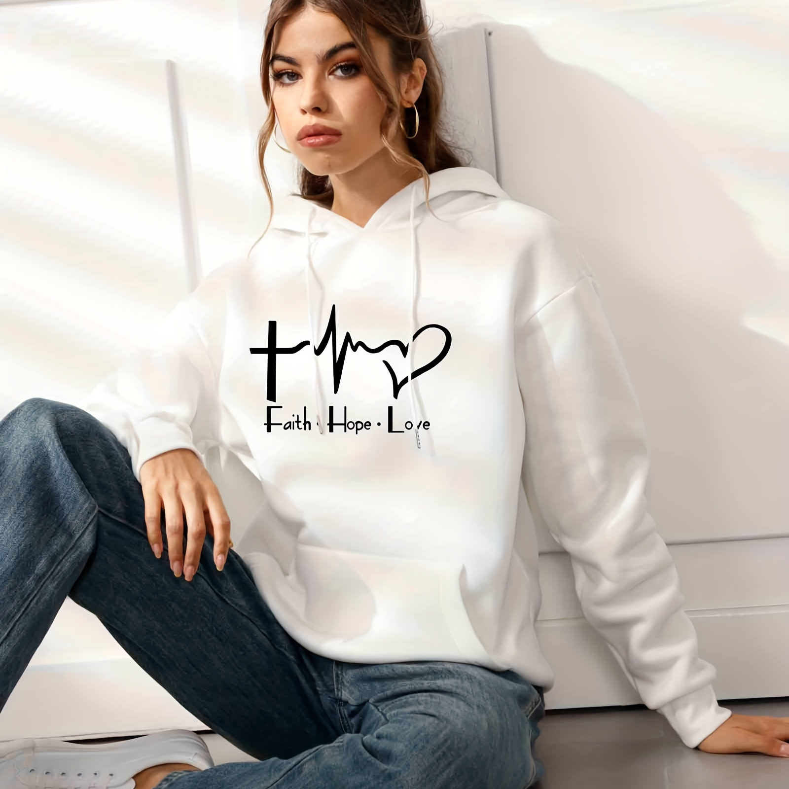 Faith Hope And Love  Letter Hooded Sweatshirt With Front Pocket, Long Sleeve Causal Sports Drawstring Hoodie, Women's Sporty Sweatshirts