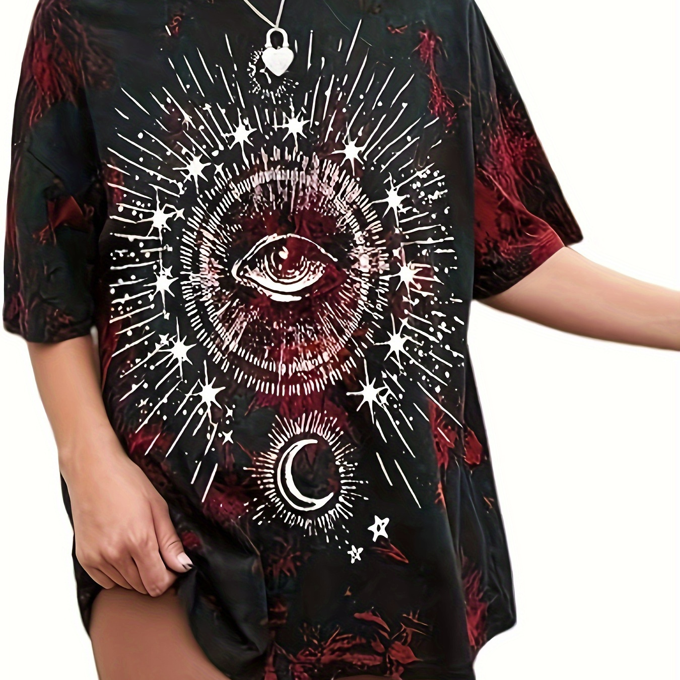 

Plus Size Eye & Moon Print T-shirt, Casual Short Sleeve Top For Spring & Summer, Women's Plus Size Clothing