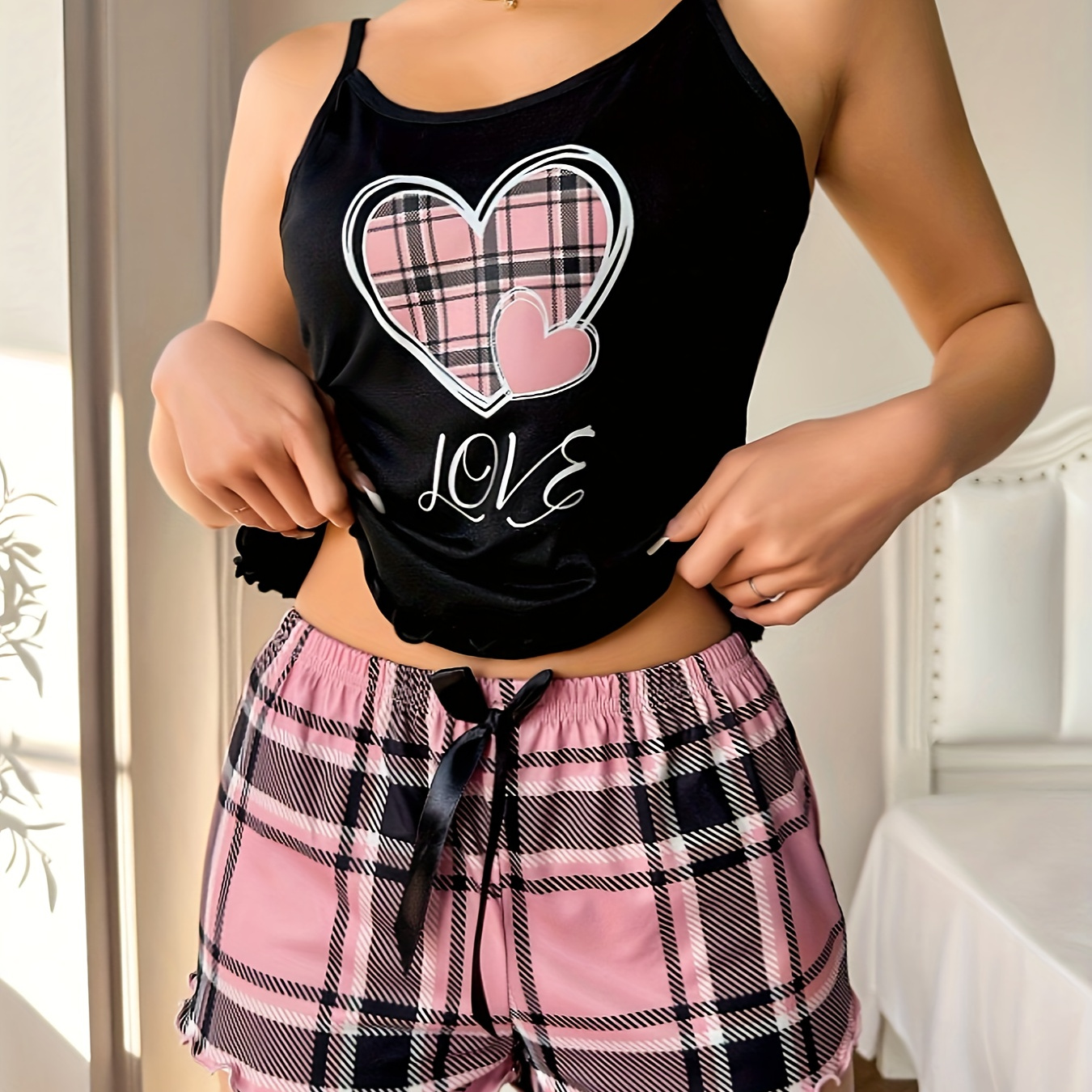

Plaid Heart & Letter Print Frill Trim Pajama Set, Casual Round Neck Backless Cami Top & Elastic Shorts, Women's Sleepwear