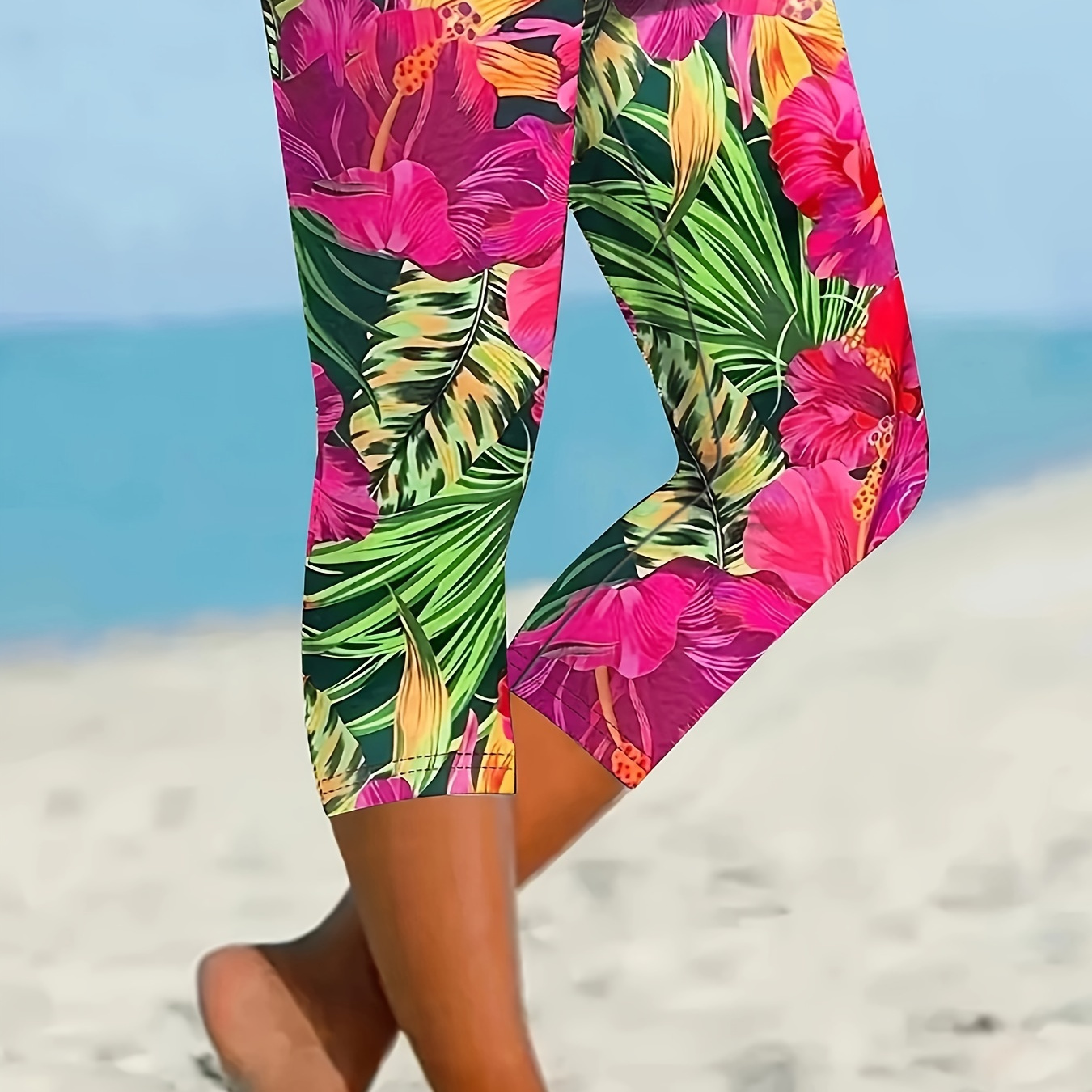 

Tropical Floral Print Crop Skinny Leggings, Vacation Slim Stretchy Yoga Leggings, Women's Clothing