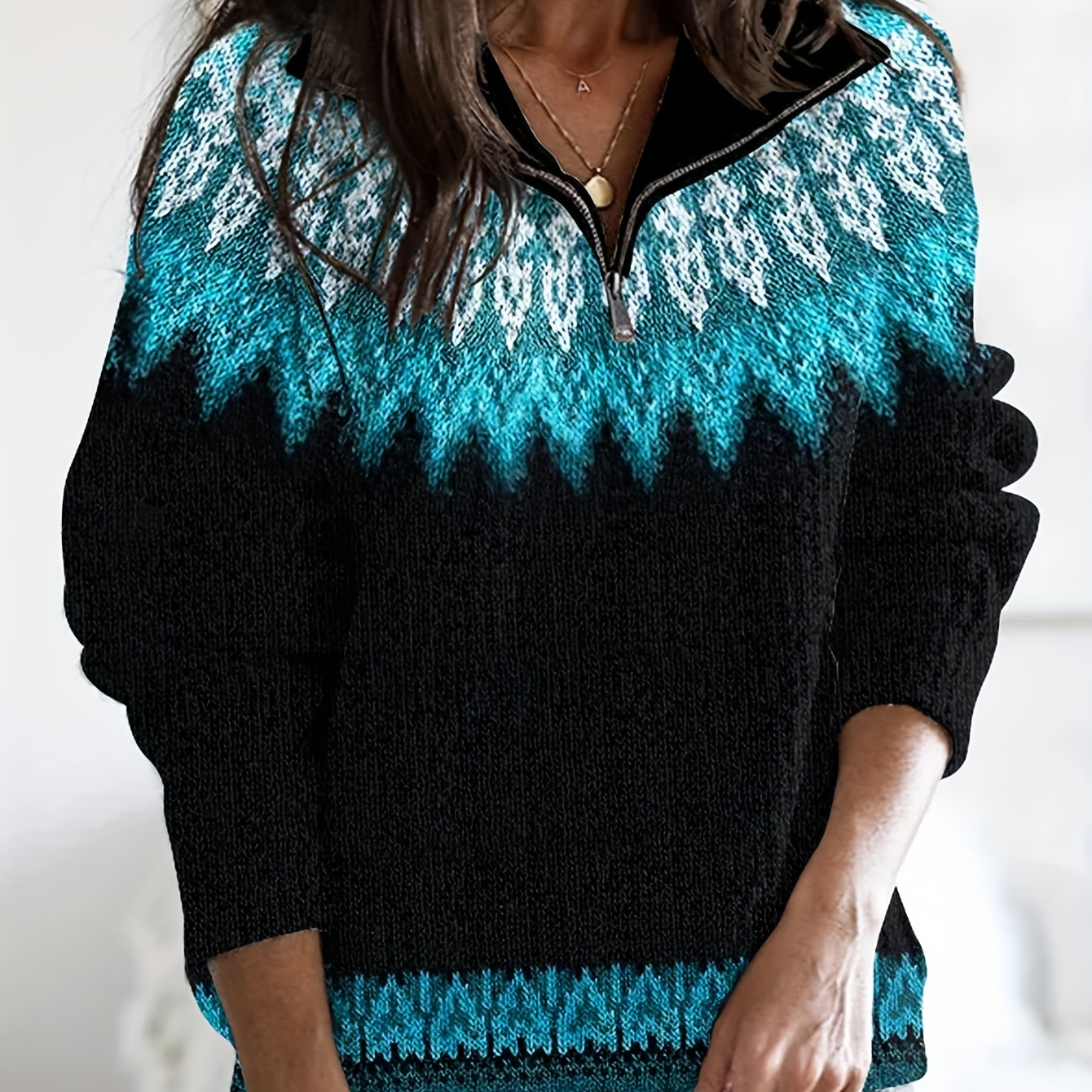 

Women's Elegant Zip-up Jacquard Sweater - Acrylic, Geometric Pattern In Black, Teal, And White, Long Sleeves, Cozy Knit Pullover, Knit Sweater