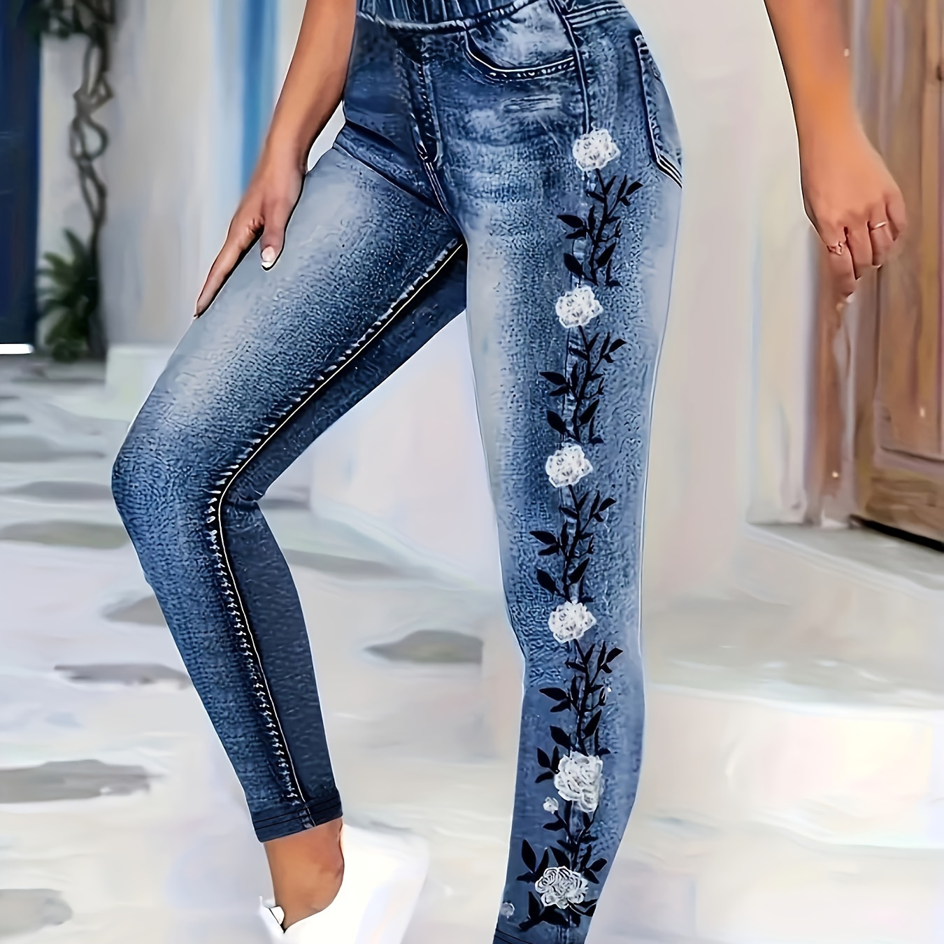 

Faux Denim Print High Waist Leggings, Casual Skinny Stretchy Tights Leggings For , Women's Clothing