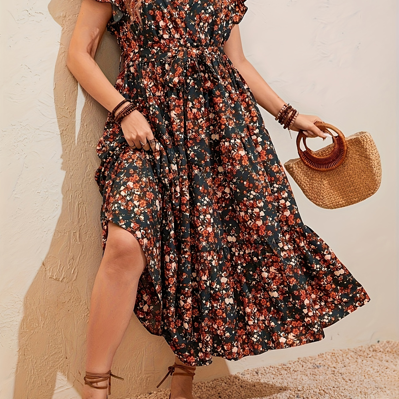 

Plus Size Floral Print Belted Dress, Vacation Style Flutter Sleeve Surplice Neck Dress For Spring & Summer, Women's Plus Size Clothing