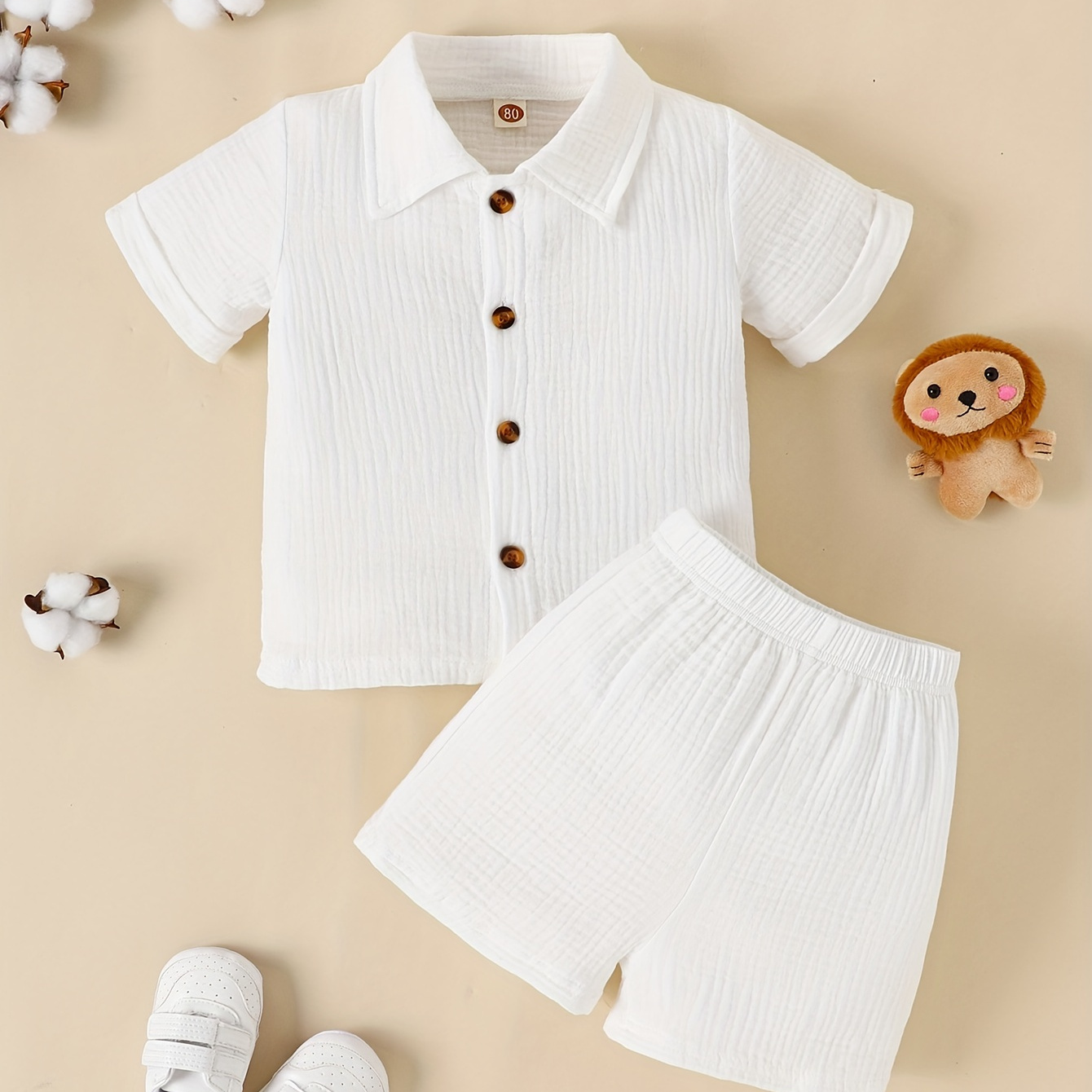 

Baby Boys Summer Solid Color Casual Shirt Shorts Set Kids 2pcs Fashion Cotton Muslin Outfit