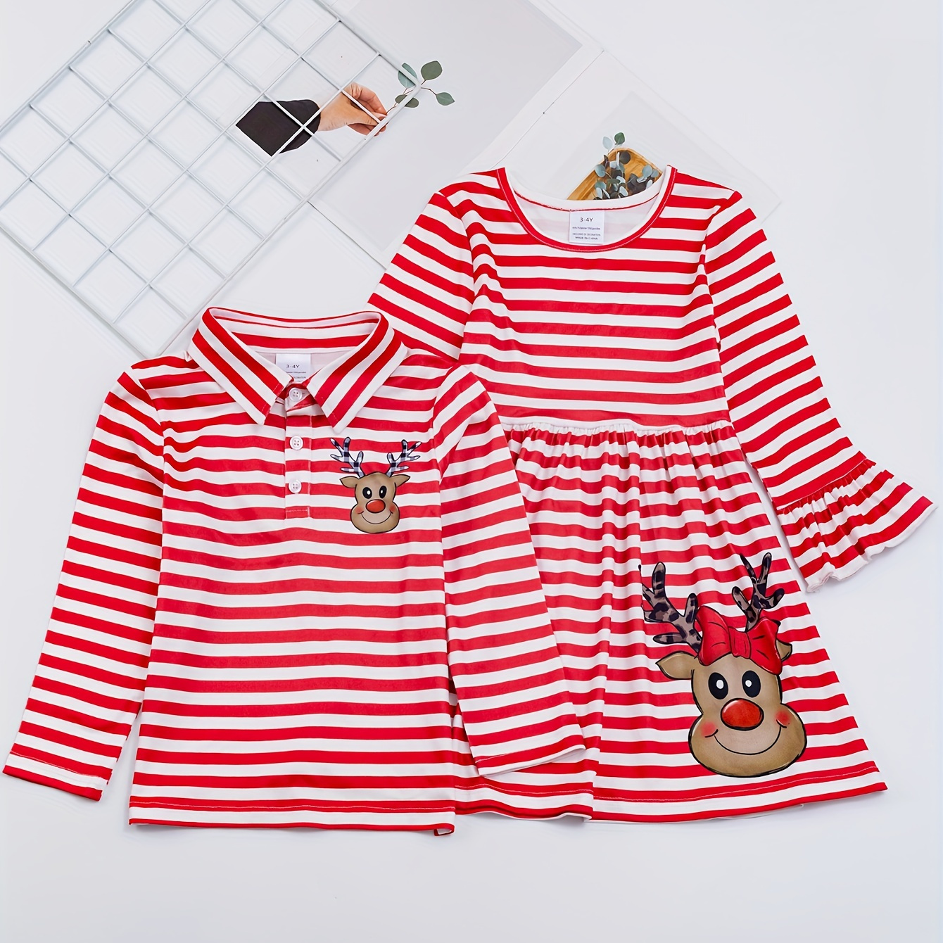 

1pcs (not 2pcs, Please Purchase Boy's Or Girl's Clothing Separately) Sister And Brother Matching Striped Dress Or Shirt, Christmas Reindeer Print Clothes For Vacation Family Activities