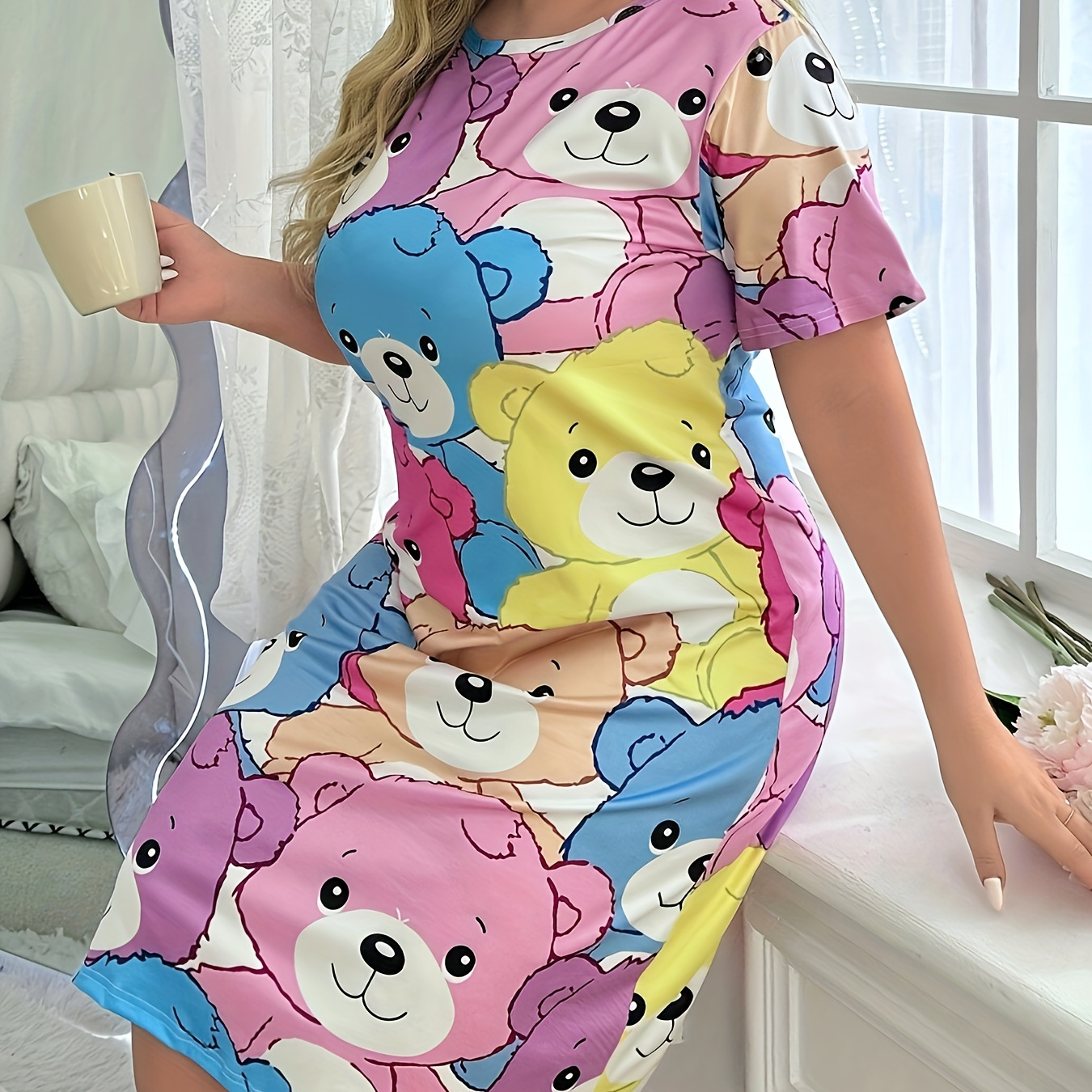 

Chemise de nuit grande taille pour femmes, robe de nuit à manches courtes et col rond, imprimé ours de dessin animé, grande taille