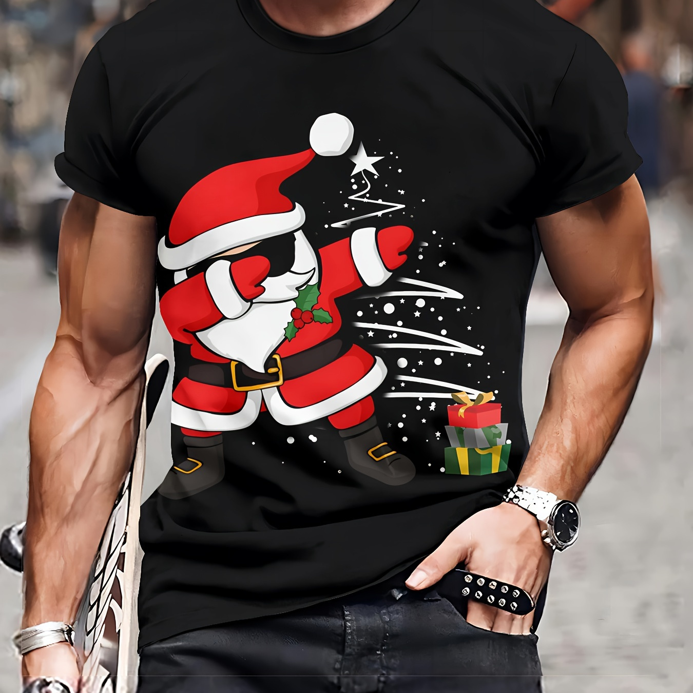 

Men's Christmas Santa Claus T-shirt, Casual Crew Neck, 100% Polyester Knit Fabric, Slight Stretch, Regular Fit, /grey, 110gsm - Holiday Tee