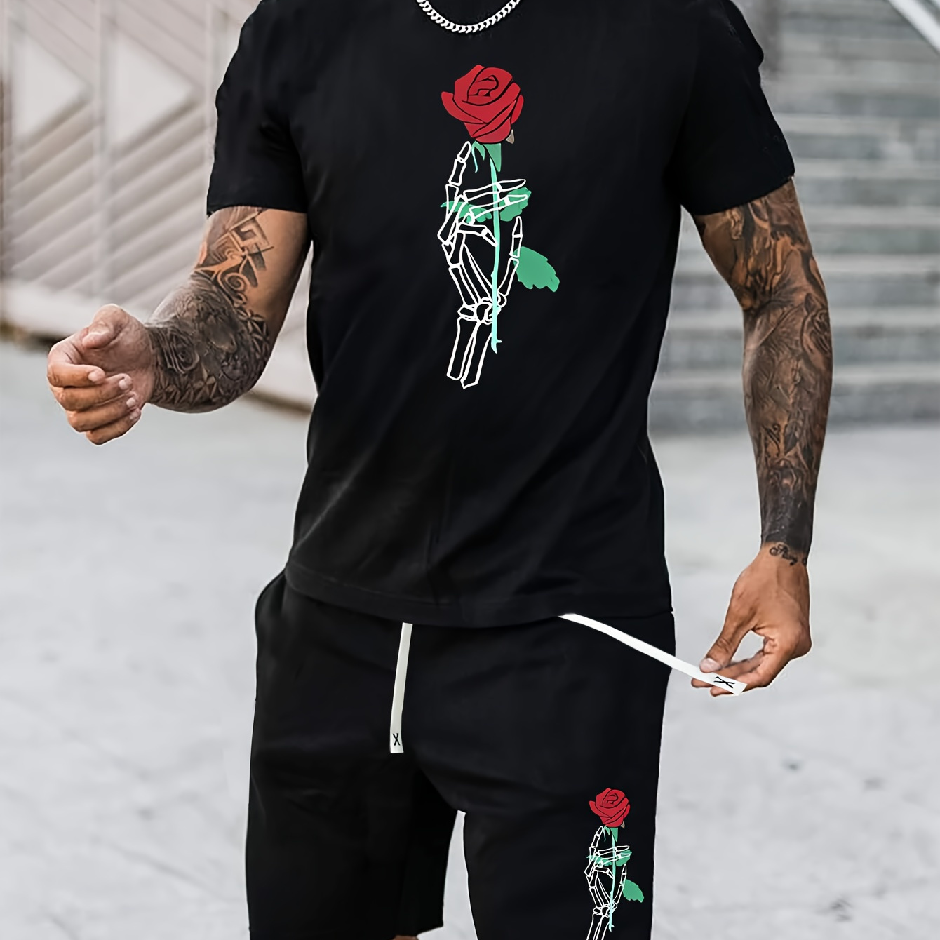 

Red Rose Print Men's 2pcs Trendy Outfits Casual Loose Crew Neck Short Sleeve T-shirt Top & Comfy Sports Drawstring Shorts Pants Trousers For Spring Summer Workout Men's Clothing