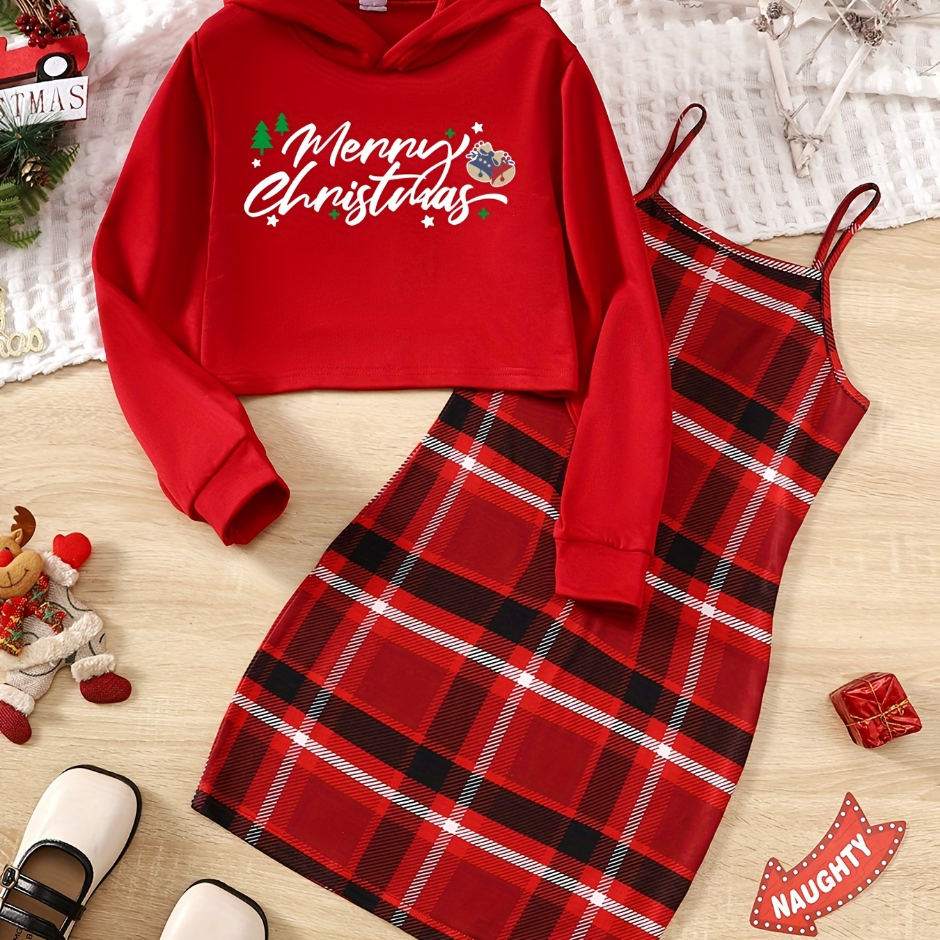 2pcs Girl's Trendy Christmas Outfit, Hoodie & Plaid Pattern Sundress Set,  MERRY CHRISTMAS Print Kid's Clothes For Spring Autumn