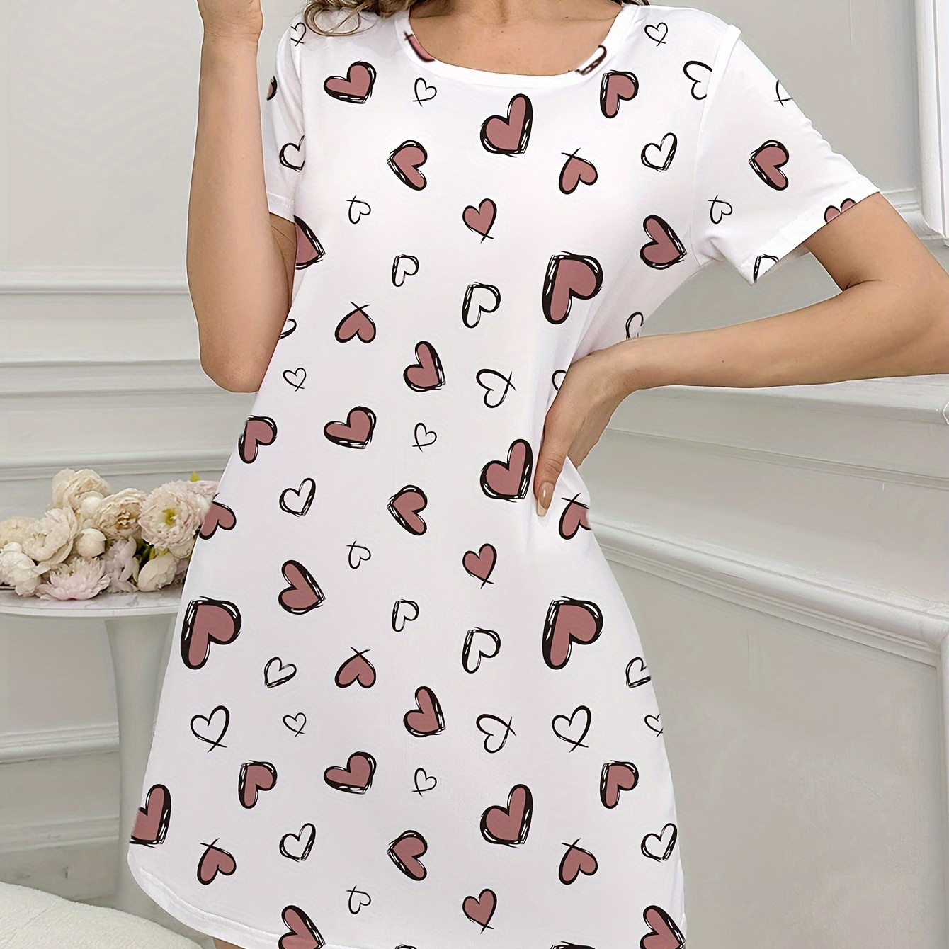 

Women's Casual Allover Heart Print Sleepwear Dress, Short Sleeve Round Neck Tee Dress, Comfortable Nightgown