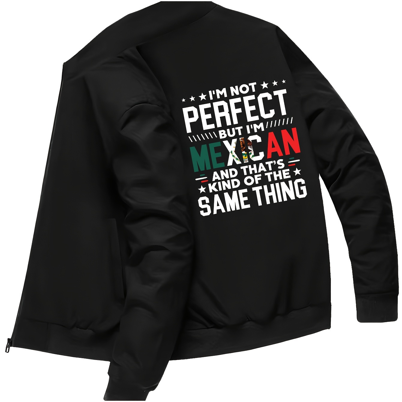 Plus Size Men's "I'm Not Perfect Mexican" Print Baseball Jacket Oversized Band Collar Jacket For Autumn/winter, Men's Clothing