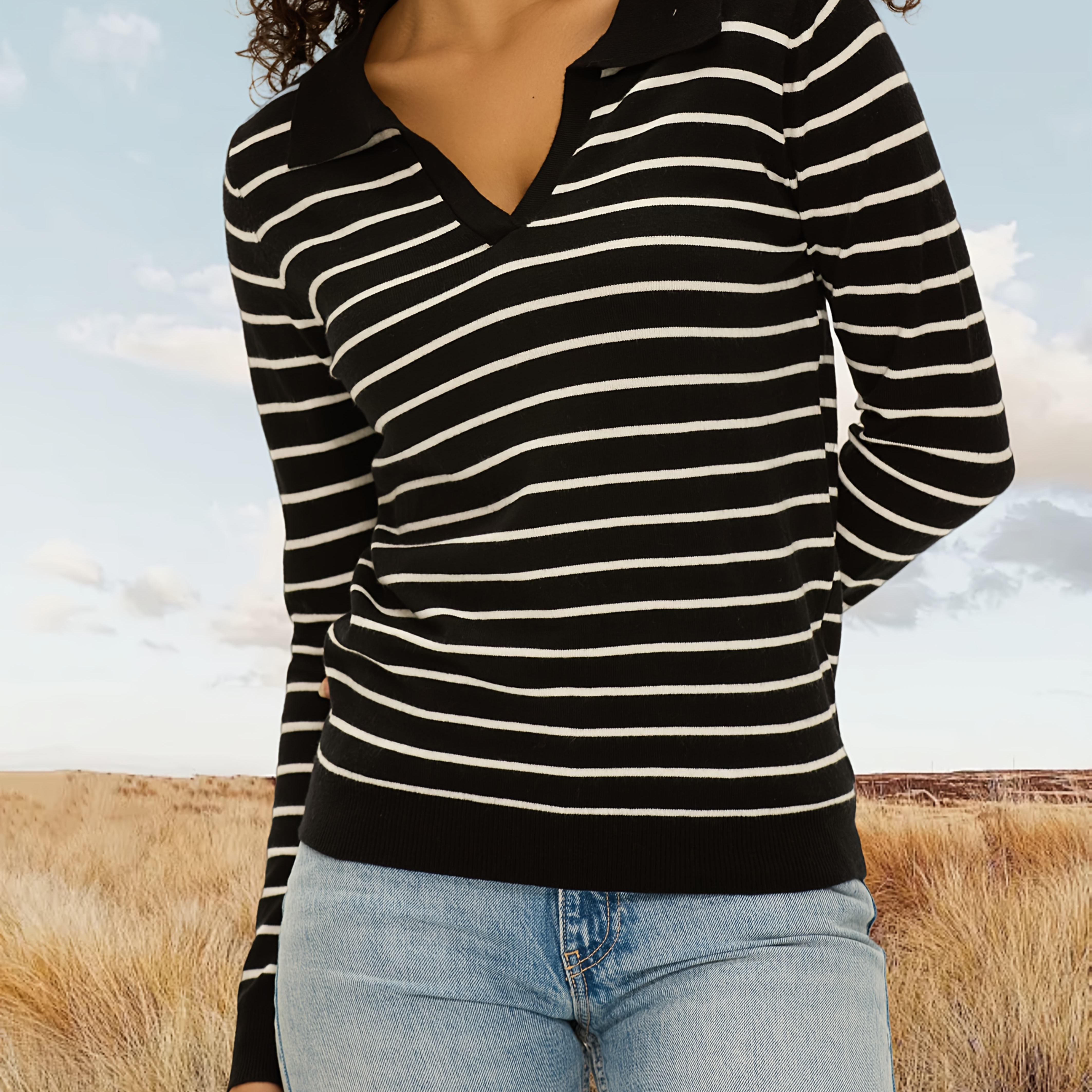 

Chic Striped V-neck Pullover Sweater For Women - Soft Cotton , Long Sleeve, Spring & Fall - In