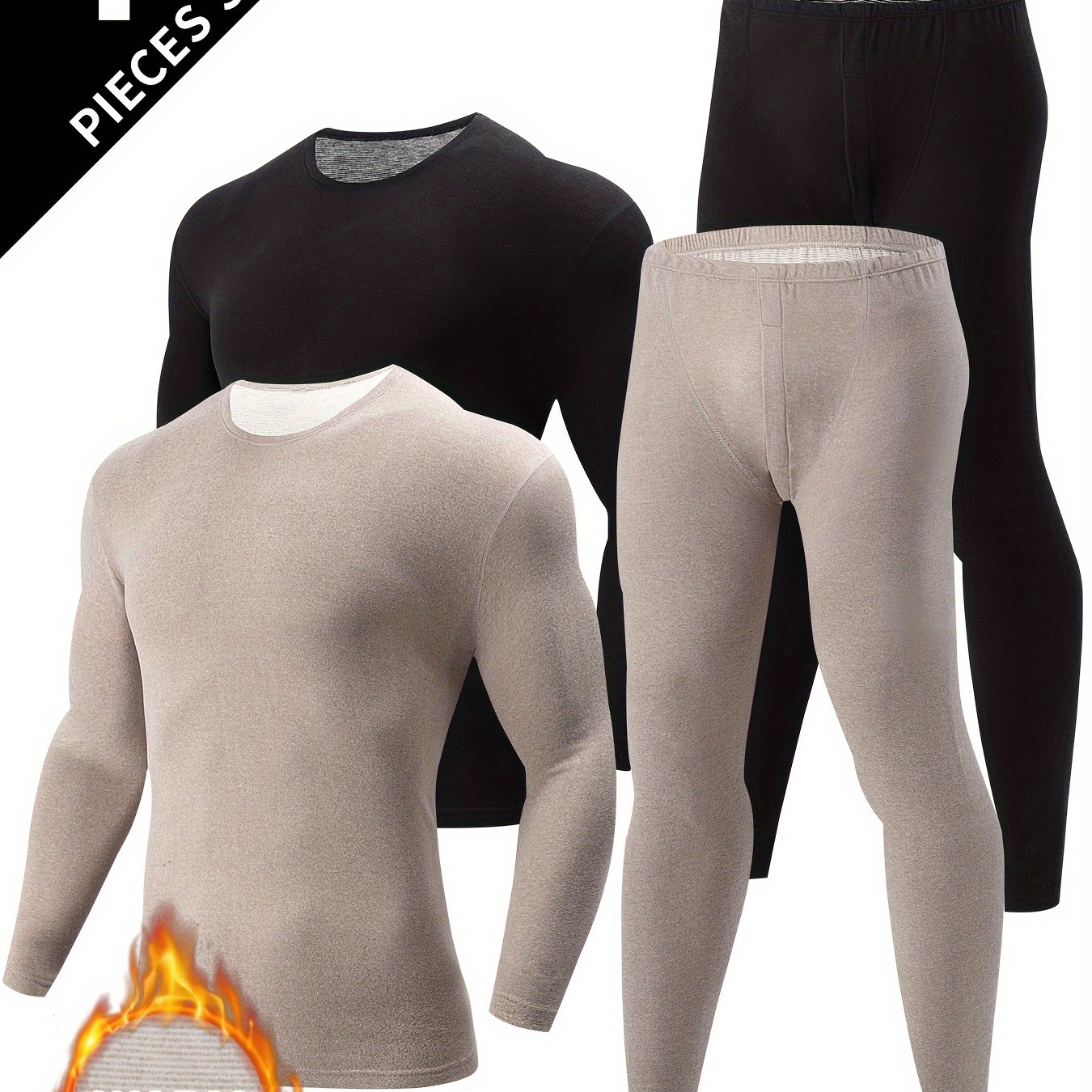 

4pcs Set Men's Thermal Underwear With Crew Neck - Polyester, Solid Color, Medium Stretch Knit Fabric For Fall/winter, Set With No