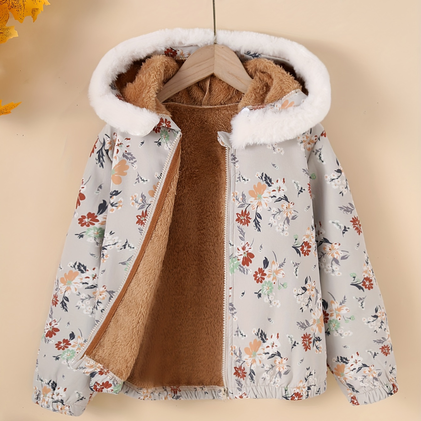 

Girl's Allover Floral Print Long Sleeve Faux Furry Hooded Fleece Lining Jacket, Comfy Trendy Winter And Autumn Coat As Gift