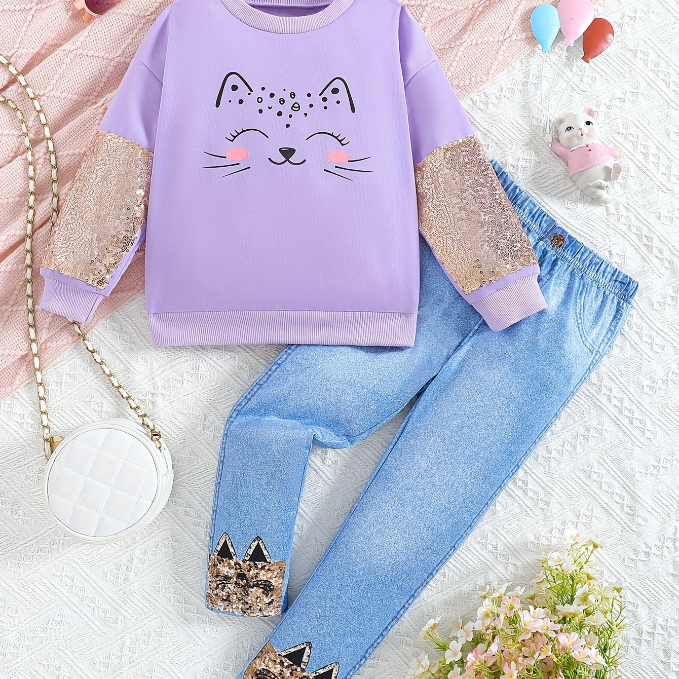 

Girls 2pcs/set Stylish Outfit, Long Sleeve Sequin Decor Spliced Cat Print Sweatshirt & Imitation Denim Print Trousers For Fall & Winter