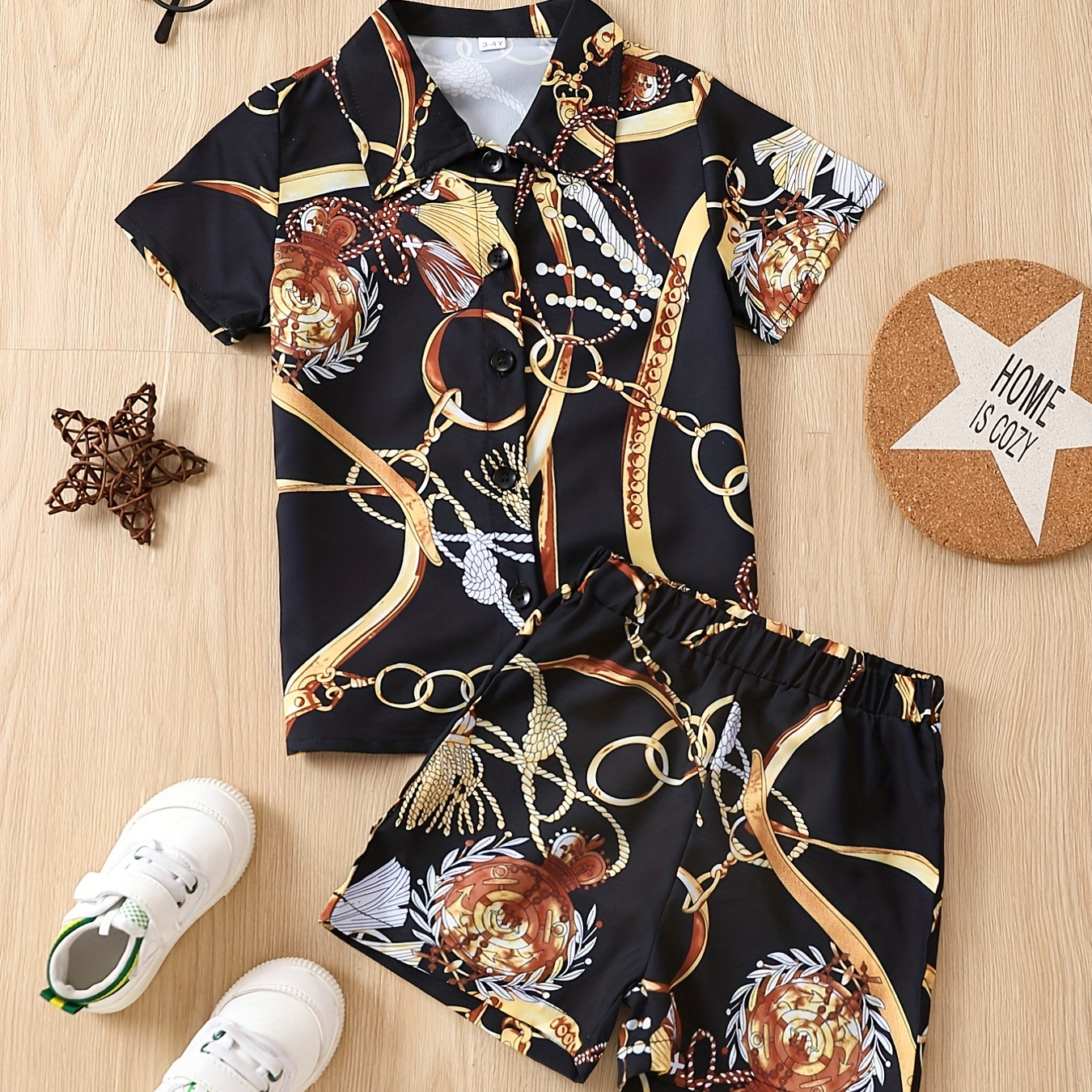 

Boys 2pcs Metal Chain Print Trendy Outfit Short Sleeves Button Down Shirt & Shorts For Summer Kids Clothes