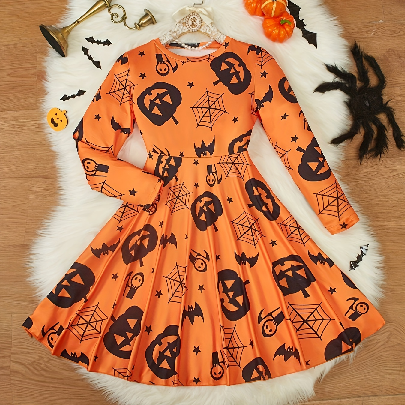 

Girls A-line Dress - Long Sleeve Crew Neck Party Dress With Vintage Pumpkin And Spider Web Print, Polyester Knit Fabric With Medium Stretch, Flared Casual Fall Dress For Children Under 12