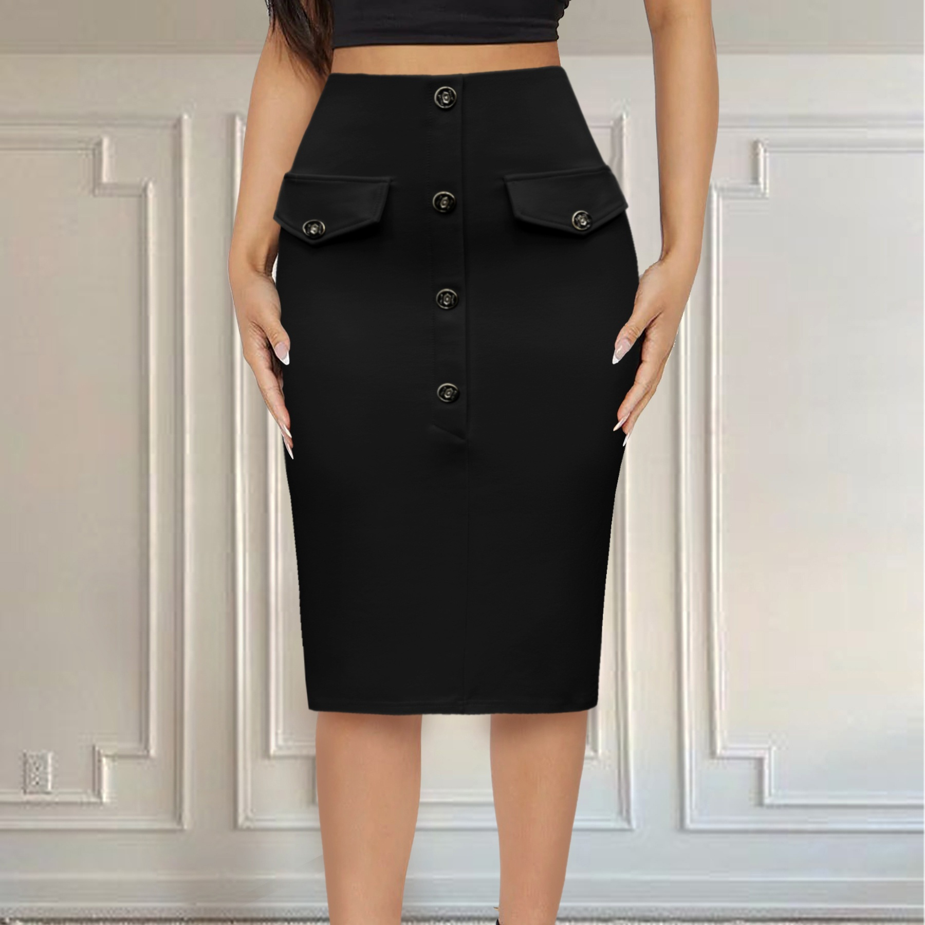 

Elegant Black Midi Skirt For Women - Slim Fit With Front Button Detail, High-waisted Knee-length Pencil Skirt, Rayon , Machine Washable, Office Or Outfits