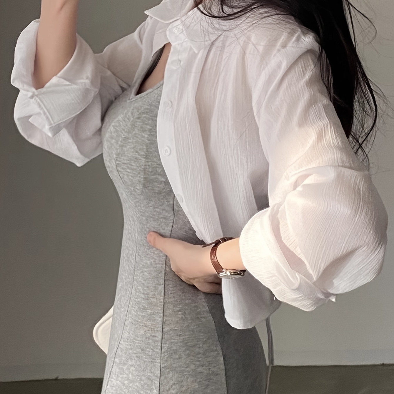 TEMU Crop Tie Back Button Front Shirt, Chic Solid Color Long Sleeve Shirt For Spring & Fall, Women's Clothing